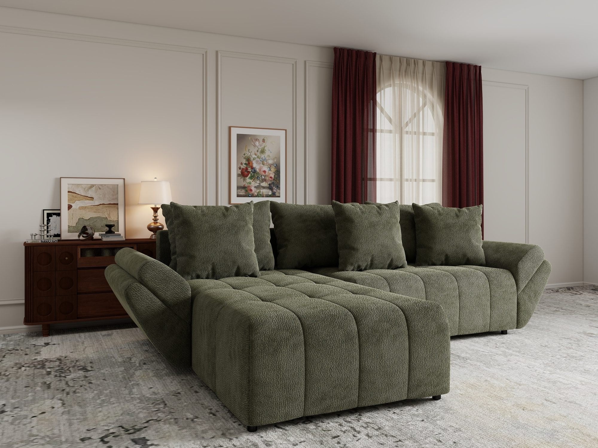 Colțar extensibil dumonde cu ladă de depozitare si sezut confortabil din spuma high-density, Berlin Vibe Olive 38 280x185 cm