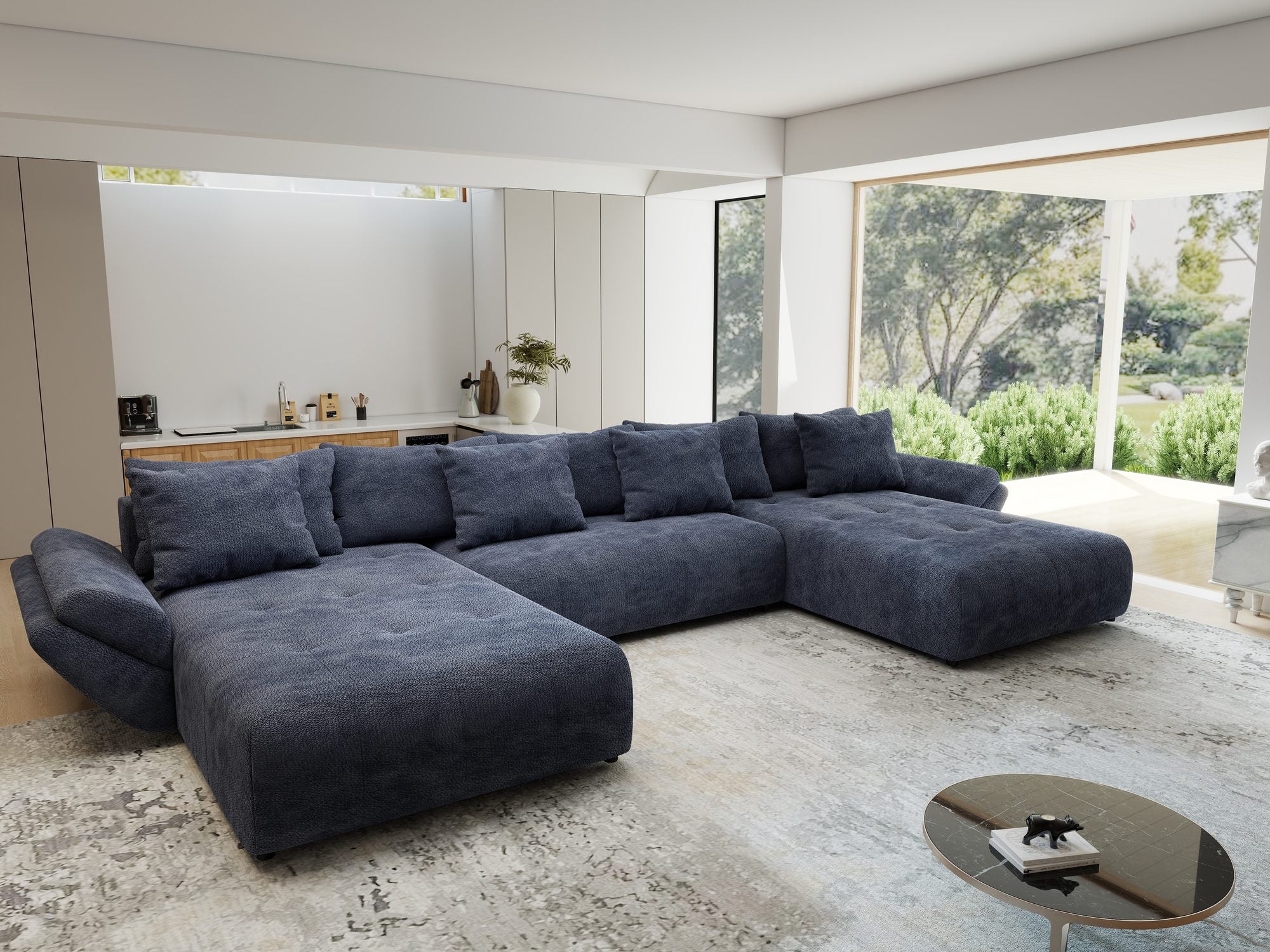 Colțar extensibil dumonde cu ladă de depozitare si sezut confortabil din spuma high-density, Berlin U Vibe Albastru 79 380x180 cm