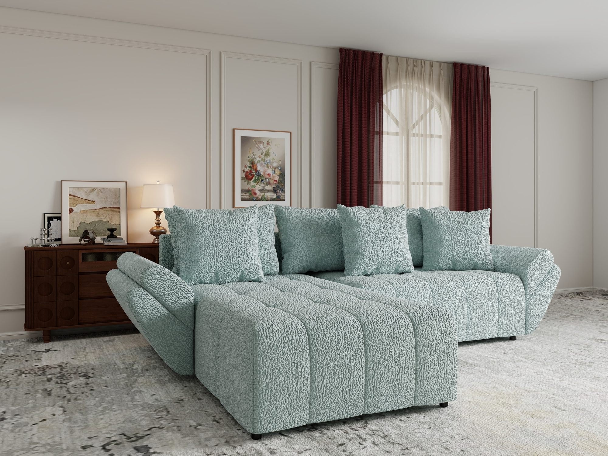 Colțar extensibil dumonde cu ladă de depozitare si sezut confortabil din spuma high-density, Berlin Jaguar Verde Mint 16 280x185 cm