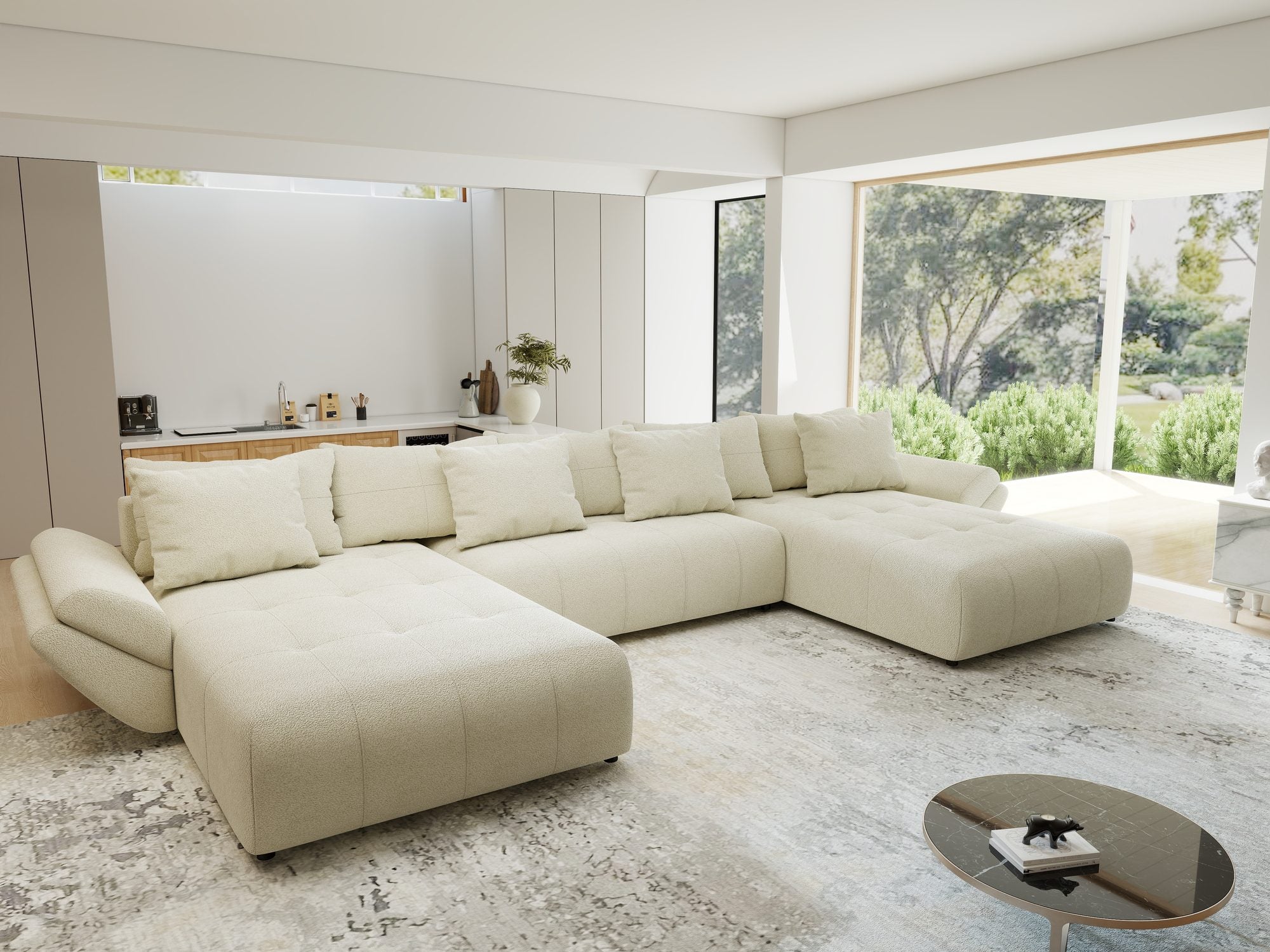Colțar extensibil dumonde cu ladă de depozitare si sezut confortabil din spuma high-density, Berlin U Quelle Bej 02 380x180 cm