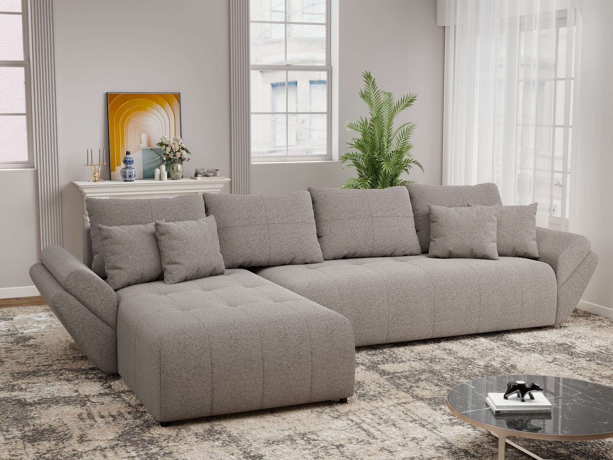 Colțar extensibil dumonde cu ladă de depozitare si sezut confortabil din spuma high-density, Berlin XL Monte Gri 16 350x185 cm