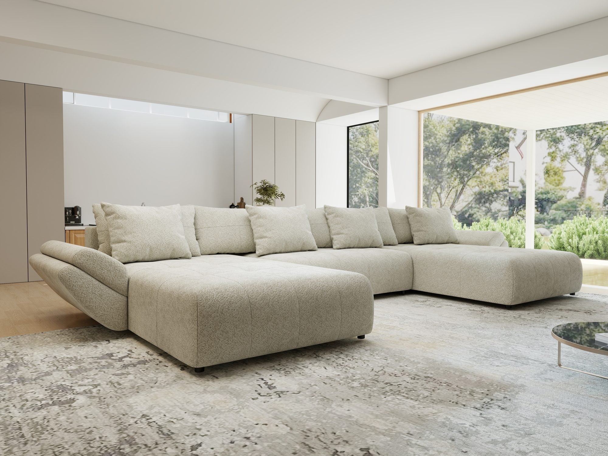 Colțar extensibil dumonde cu ladă de depozitare si sezut confortabil din spuma high-density, Berlin U Arena Bej 20 380x180 cm