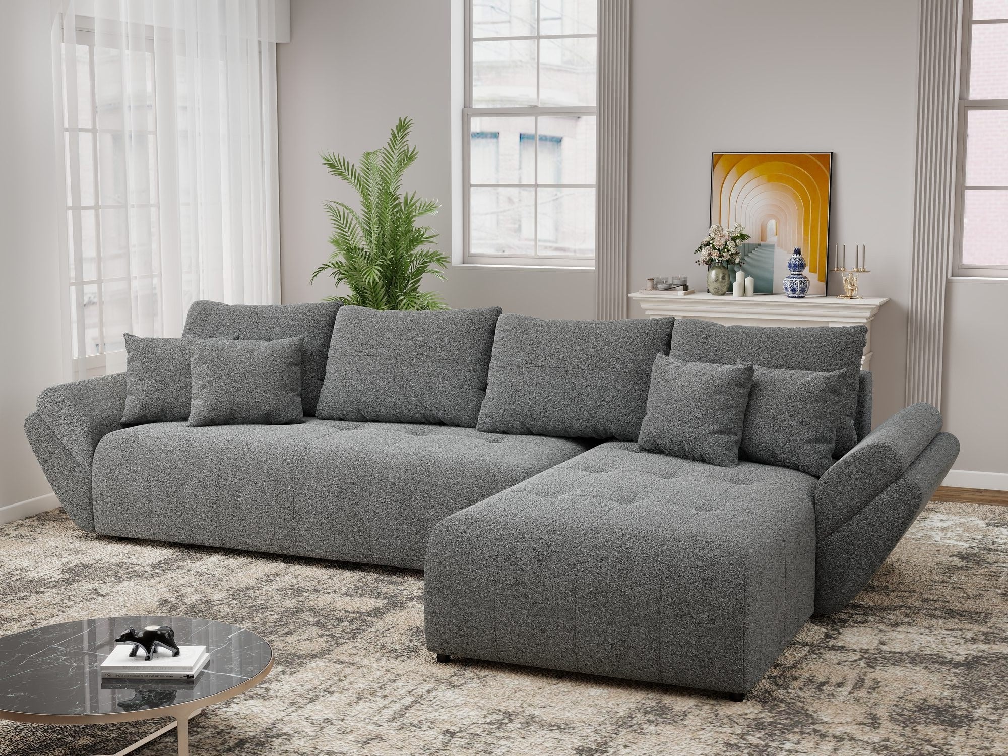 Colțar extensibil dumonde cu ladă de depozitare si sezut confortabil din spuma high-density, Berlin XL Monte Gri 90 II 350x185 cm