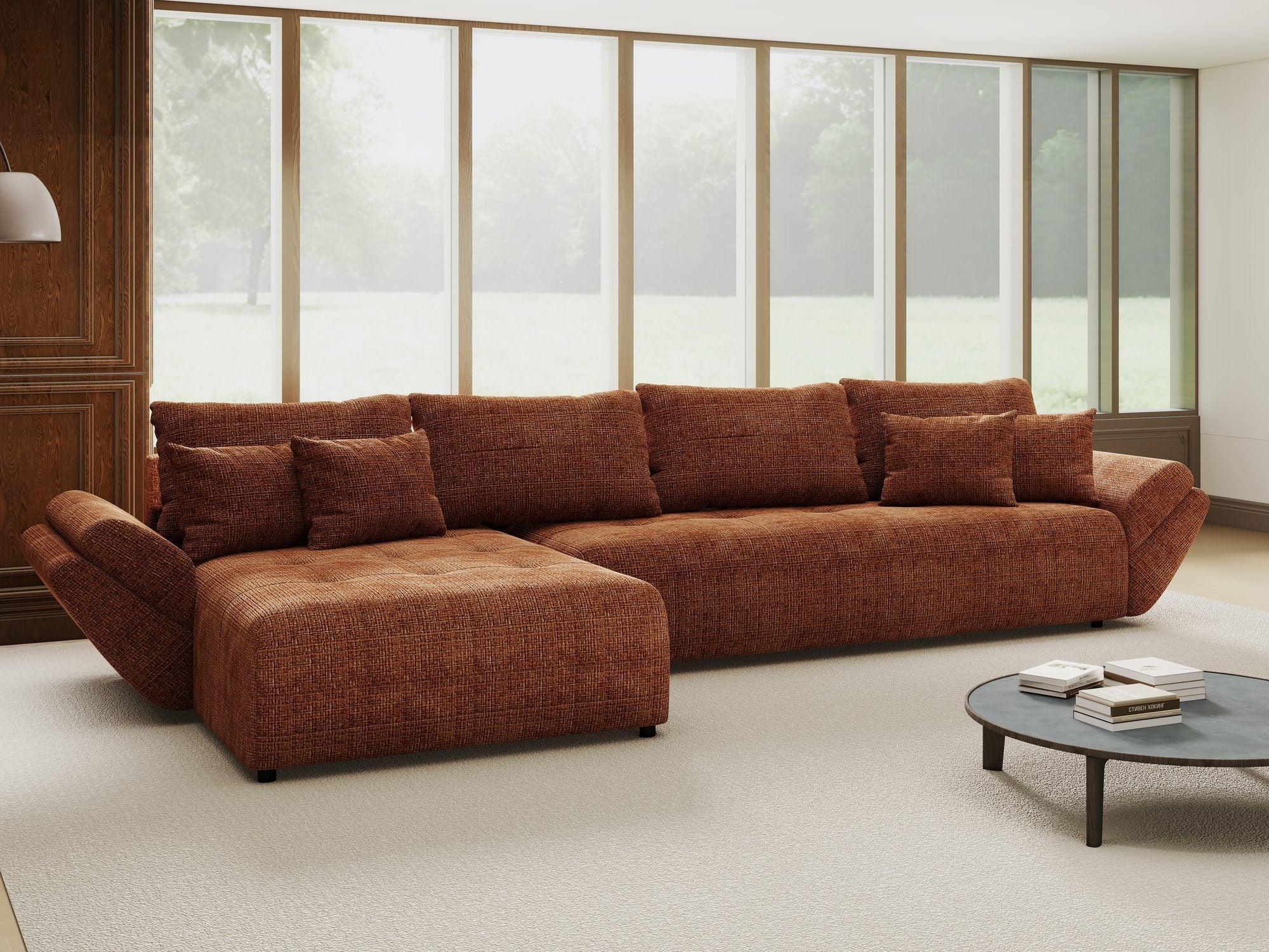 Colțar extensibil dumonde cu ladă de depozitare si sezut confortabil din spuma high-density, Berlin XL Cremona Teracota 52 350x185 cm
