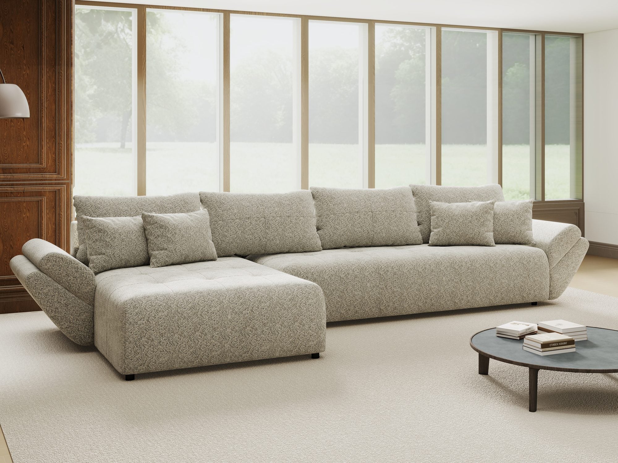 Colțar extensibil dumonde cu ladă de depozitare si sezut confortabil din spuma high-density, Berlin XL Arena Bej 2 350x185 cm