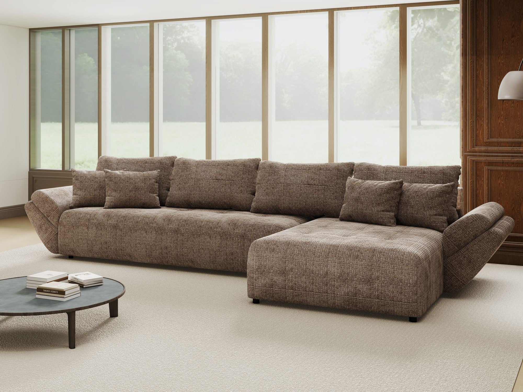 Colțar extensibil dumonde cu ladă de depozitare si sezut confortabil din spuma high-density, Berlin XL Cremona Maro-bej 24 II 350x185 cm