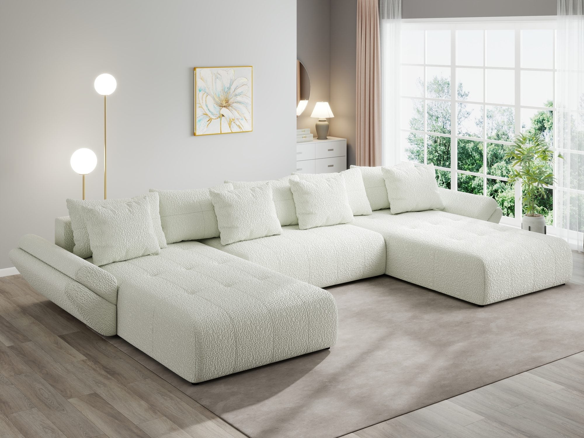 Colțar extensibil dumonde cu ladă de depozitare si sezut confortabil din spuma high-density, Berlin U Jaguar Ivory 1 380x180 cm