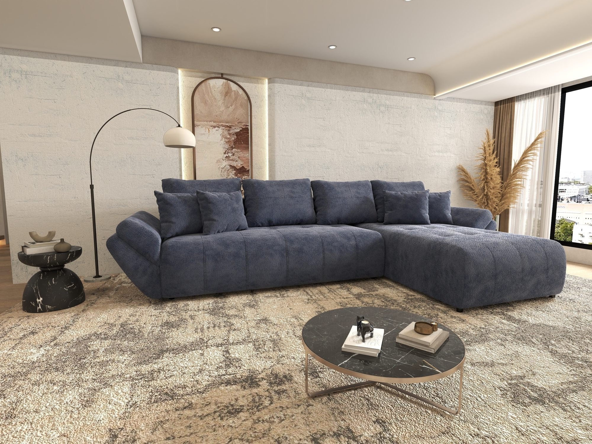 Colțar extensibil dumonde cu ladă de depozitare si sezut confortabil din spuma high-density, Berlin XL Vibe Albastru 79 II 350x185 cm