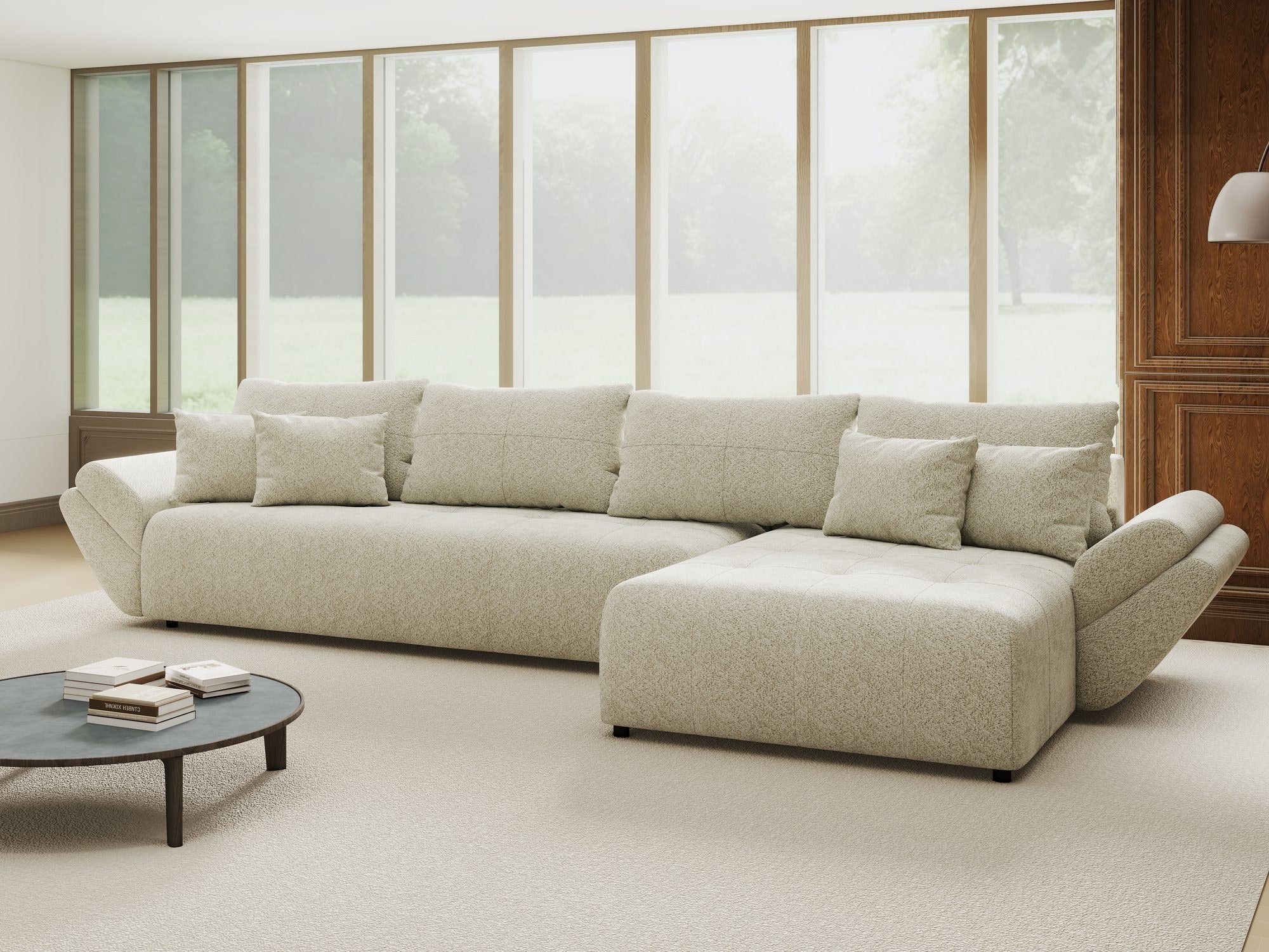 Colțar extensibil dumonde cu ladă de depozitare si sezut confortabil din spuma high-density, Berlin XL Arena Bej 20 II 350x185 cm