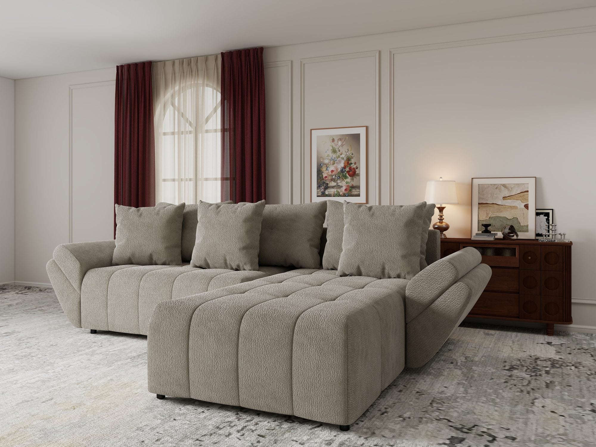 Colțar extensibil dumonde cu ladă de depozitare si sezut confortabil din spuma high-density, Berlin Vibe Bej 06 II 280x185 cm