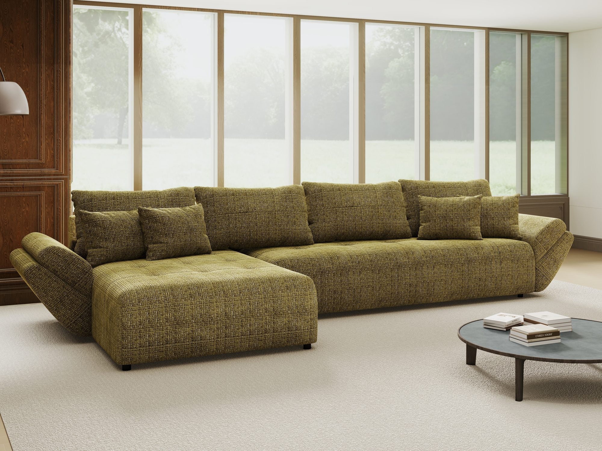 Colțar extensibil dumonde cu ladă de depozitare si sezut confortabil din spuma high-density, Berlin XL Cremona Olive 38 350x185 cm