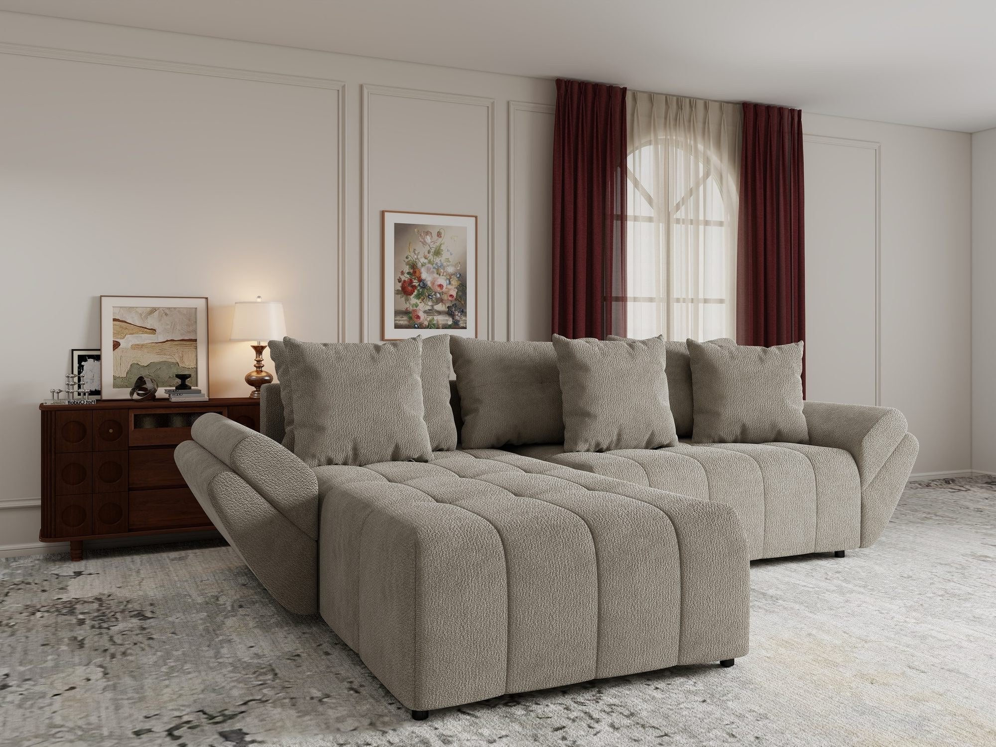 Colțar extensibil dumonde cu ladă de depozitare si sezut confortabil din spuma high-density, Berlin Vibe Bej 06 280x185 cm