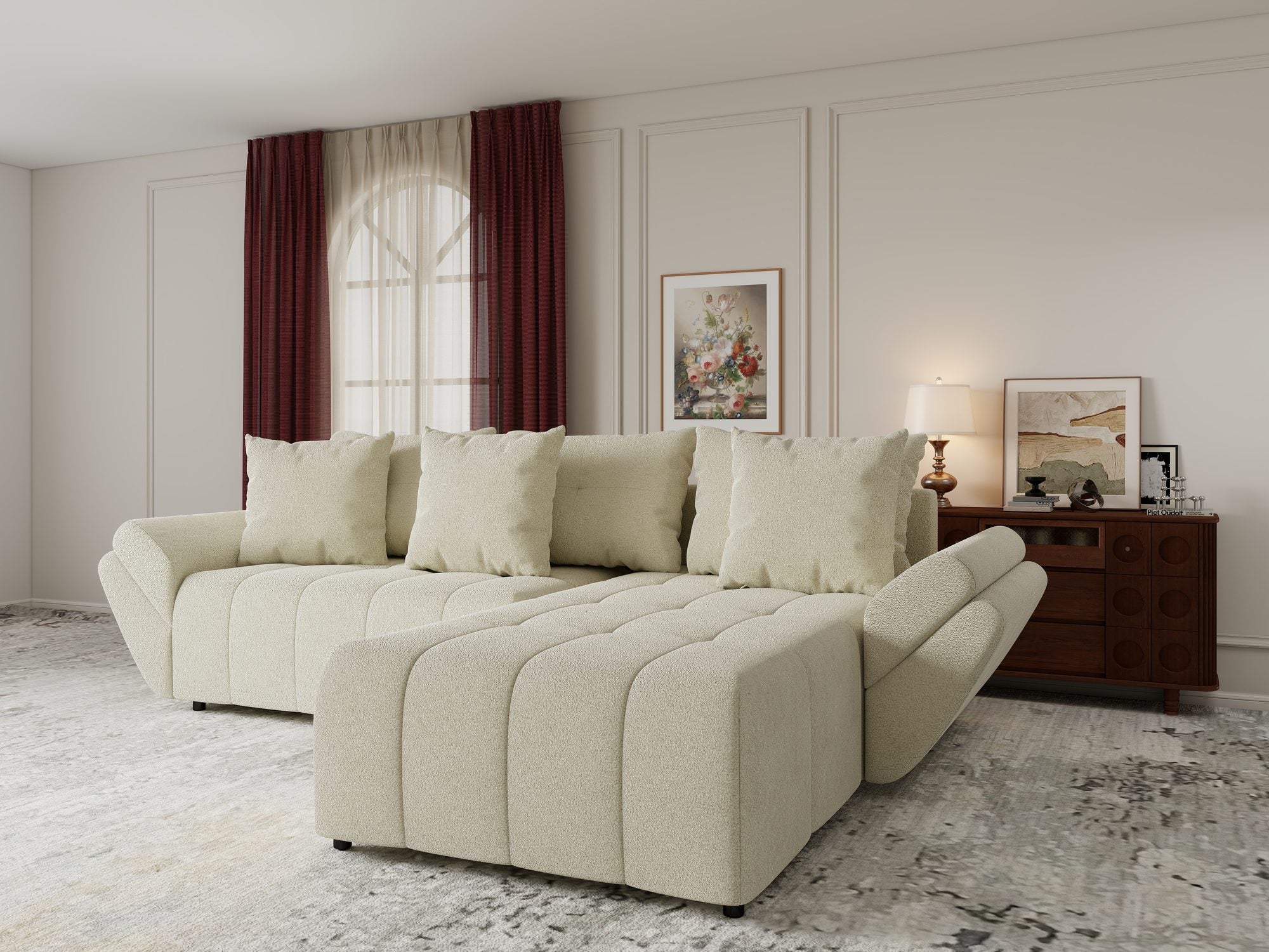 Colțar extensibil dumonde cu ladă de depozitare si sezut confortabil din spuma high-density, Berlin Quelle Bej 02 II 280x185 cm