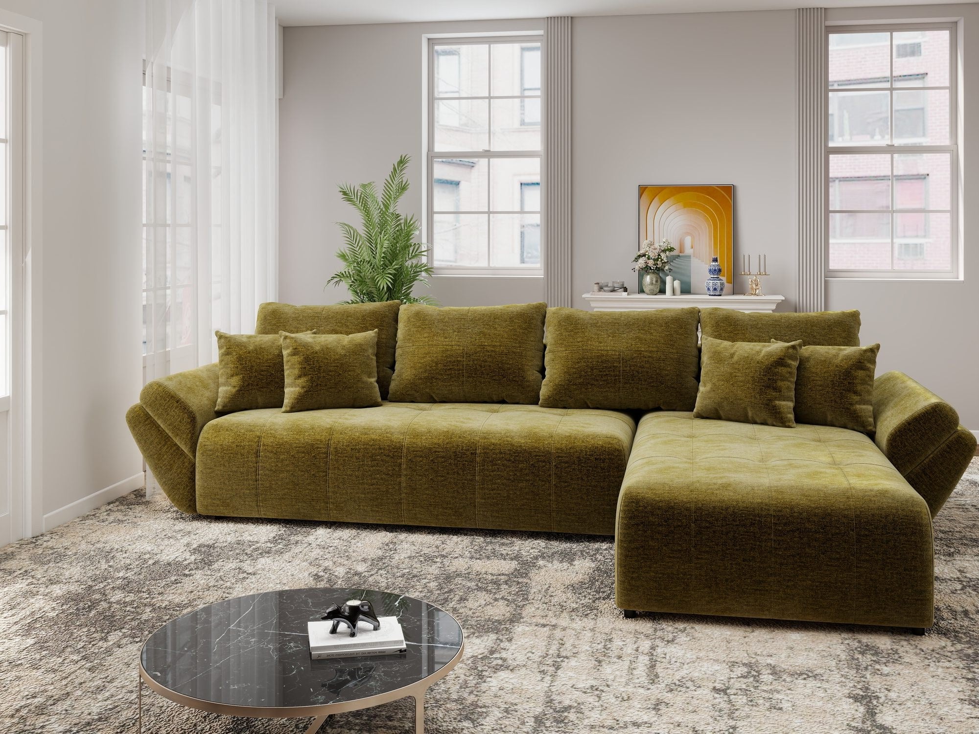 Colțar extensibil dumonde cu ladă de depozitare si sezut confortabil din spuma high-density, Berlin XL Monolith Verde Olive 38 II 350x185 cm