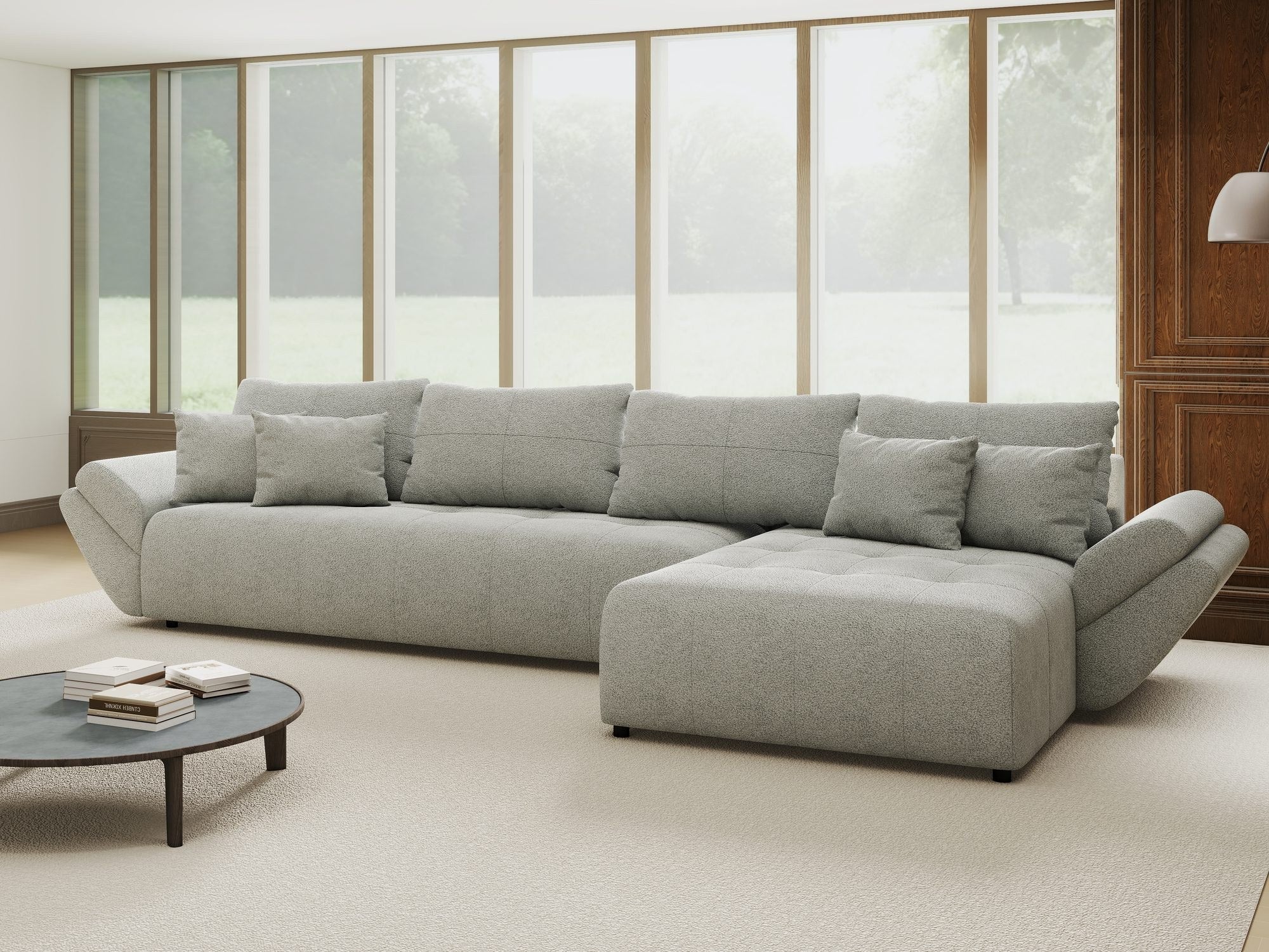 Colțar extensibil dumonde cu ladă de depozitare si sezut confortabil din spuma high-density, Berlin XL Quelle Gri 83 II 350x185 cm