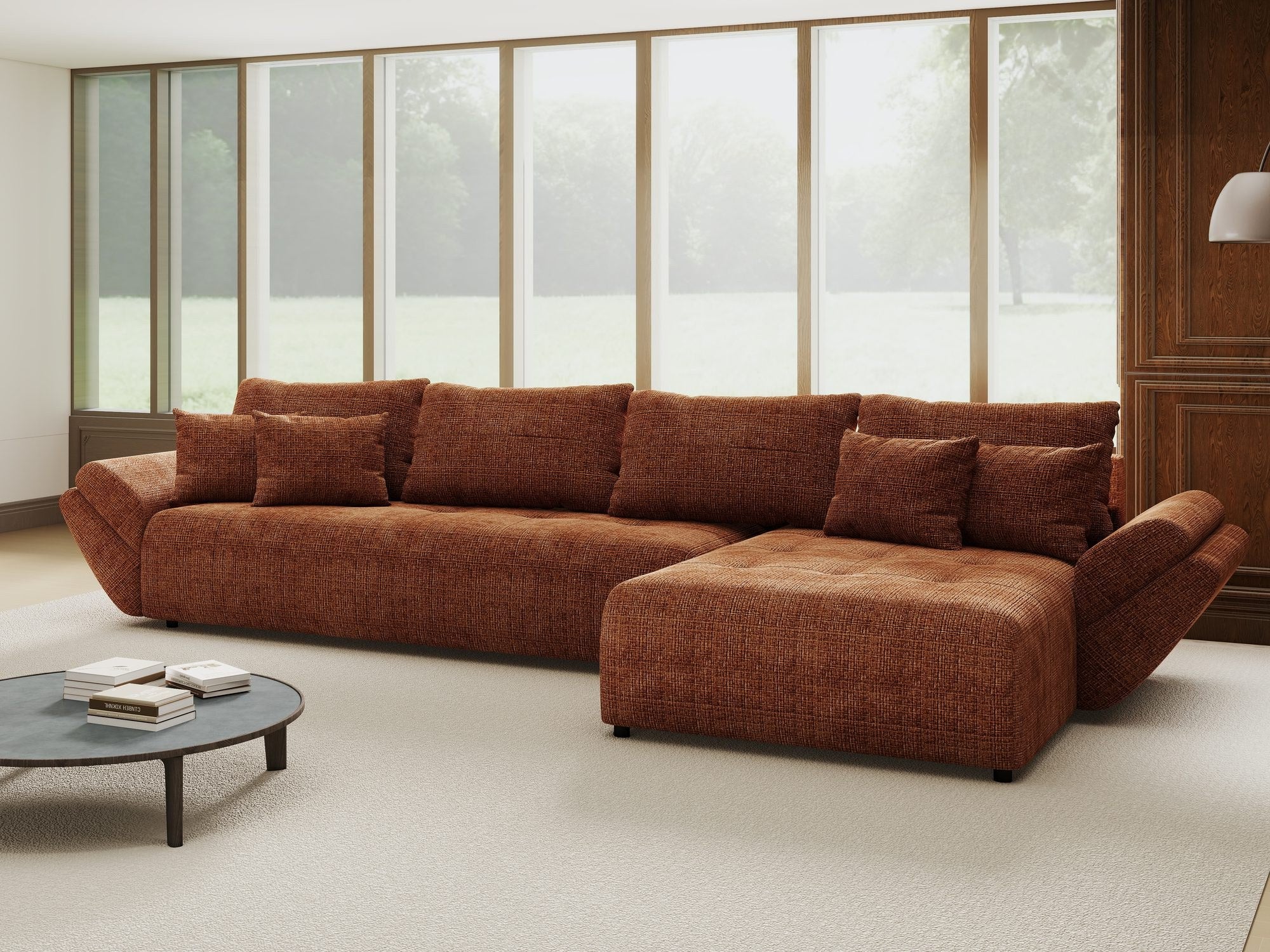 Colțar extensibil dumonde cu ladă de depozitare si sezut confortabil din spuma high-density, Berlin XL Cremona Teracota 52 II 350x185 cm