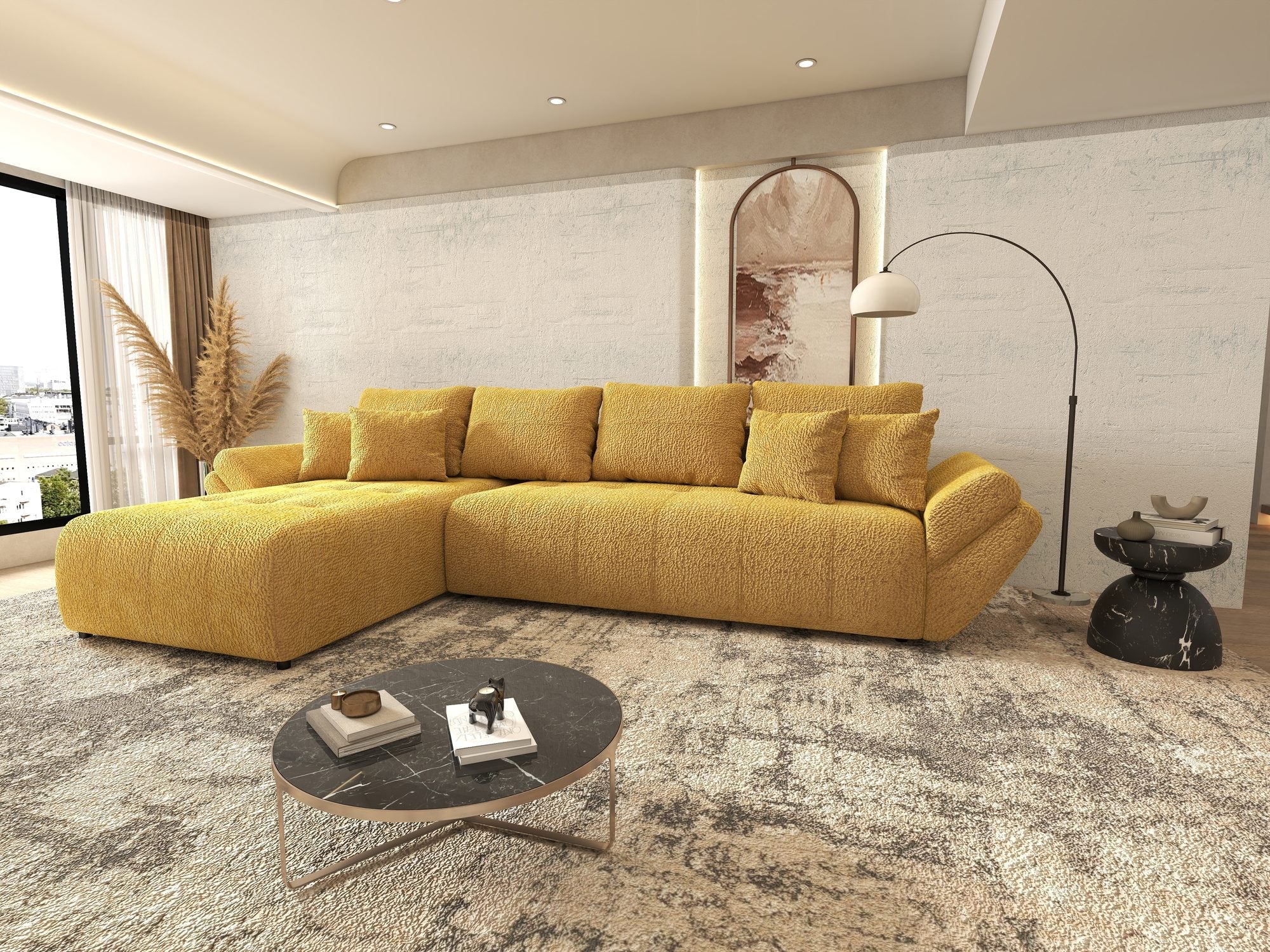 Colțar extensibil dumonde cu ladă de depozitare si sezut confortabil din spuma high-density, Berlin XL Jaguar Galben Mustar 11 350x185 cm
