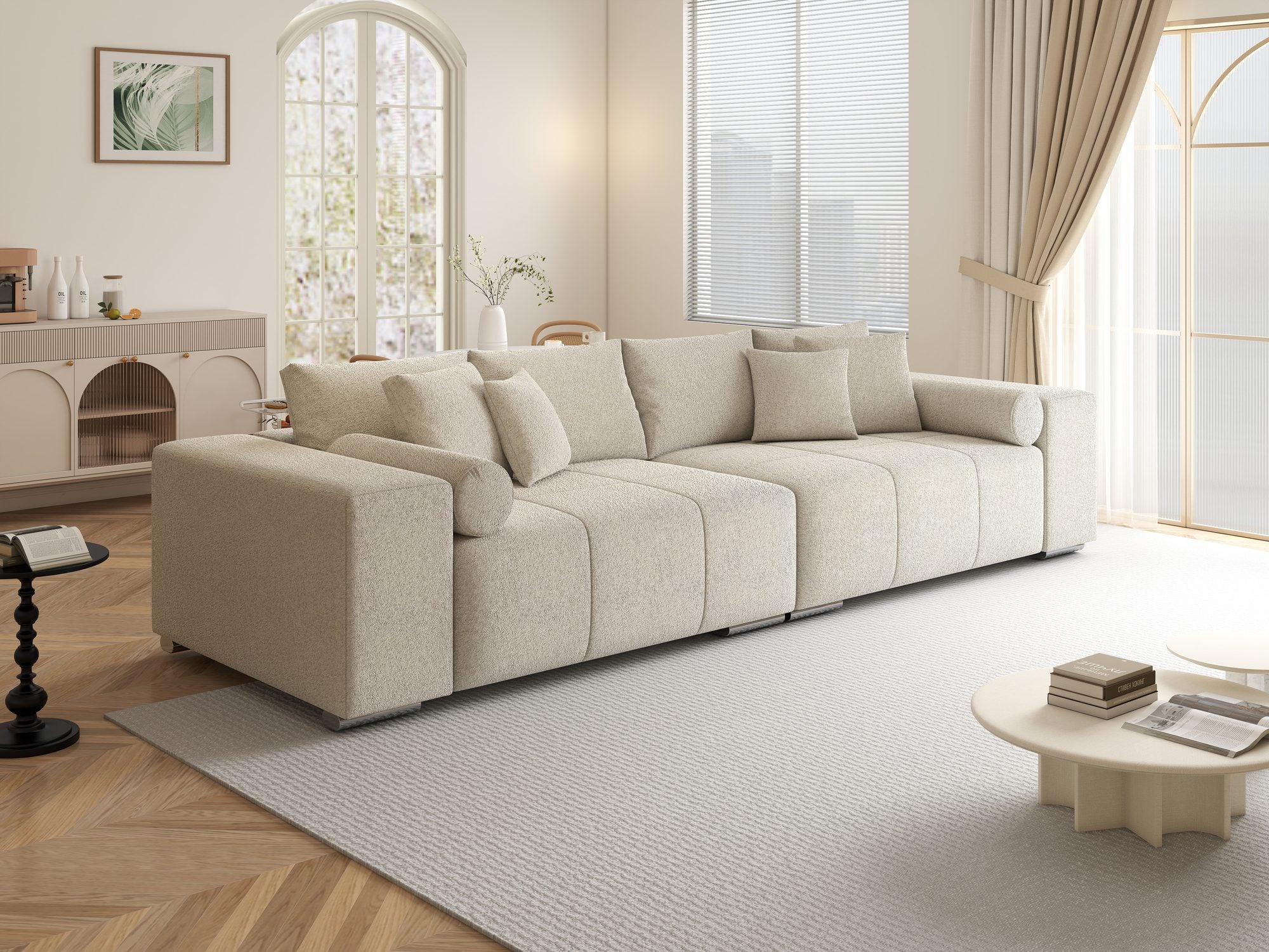 Canapea extensibilă dumonde cu ladă de depozitare si sezut confortabil din spuma high-density, Marbela XXL Monte Bej 03 290x100 cm