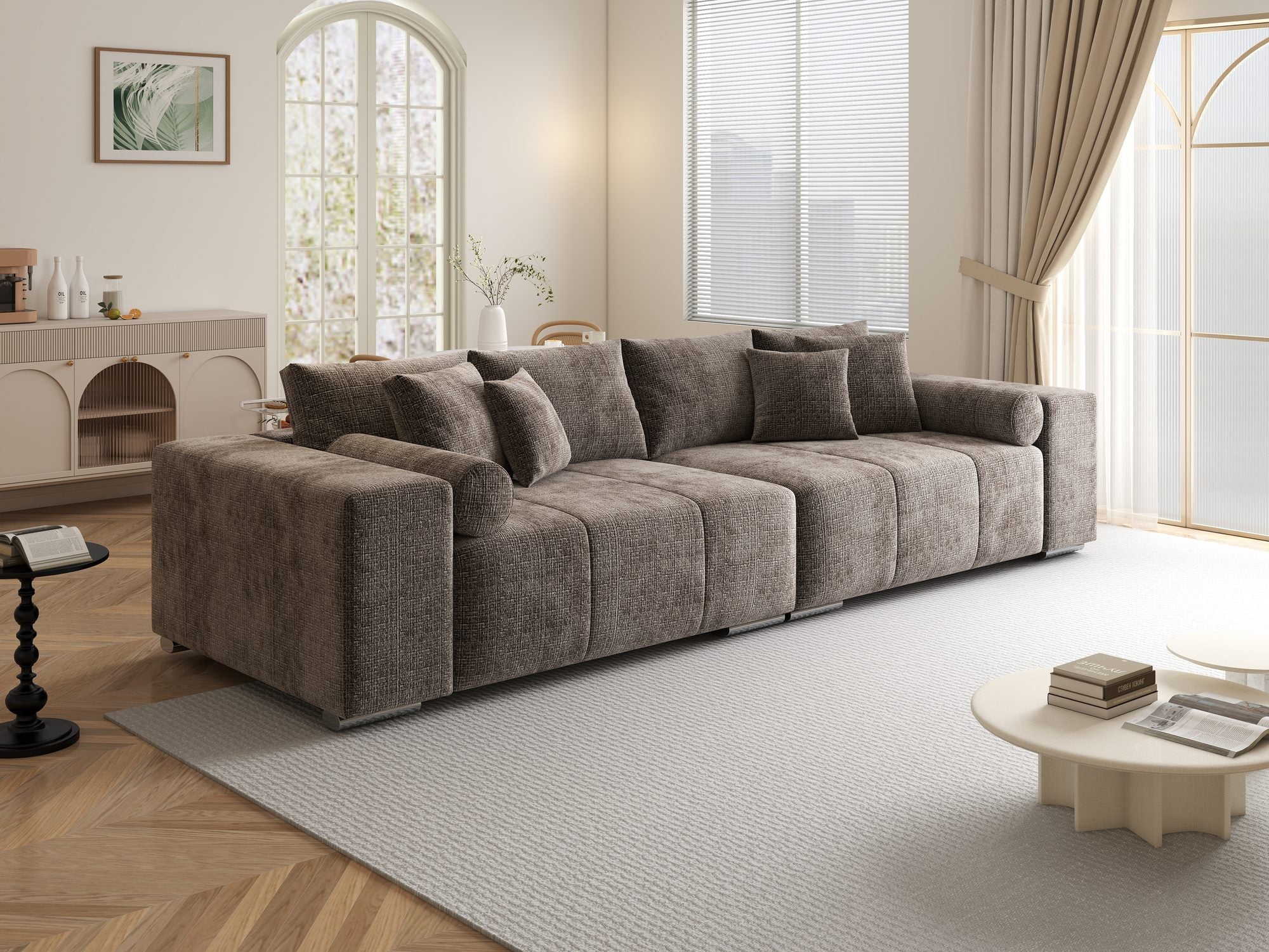 Canapea extensibilă dumonde cu ladă de depozitare si sezut confortabil din spuma high-density, Marbela XXL Cremona Maro-bej 24 290x100 cm