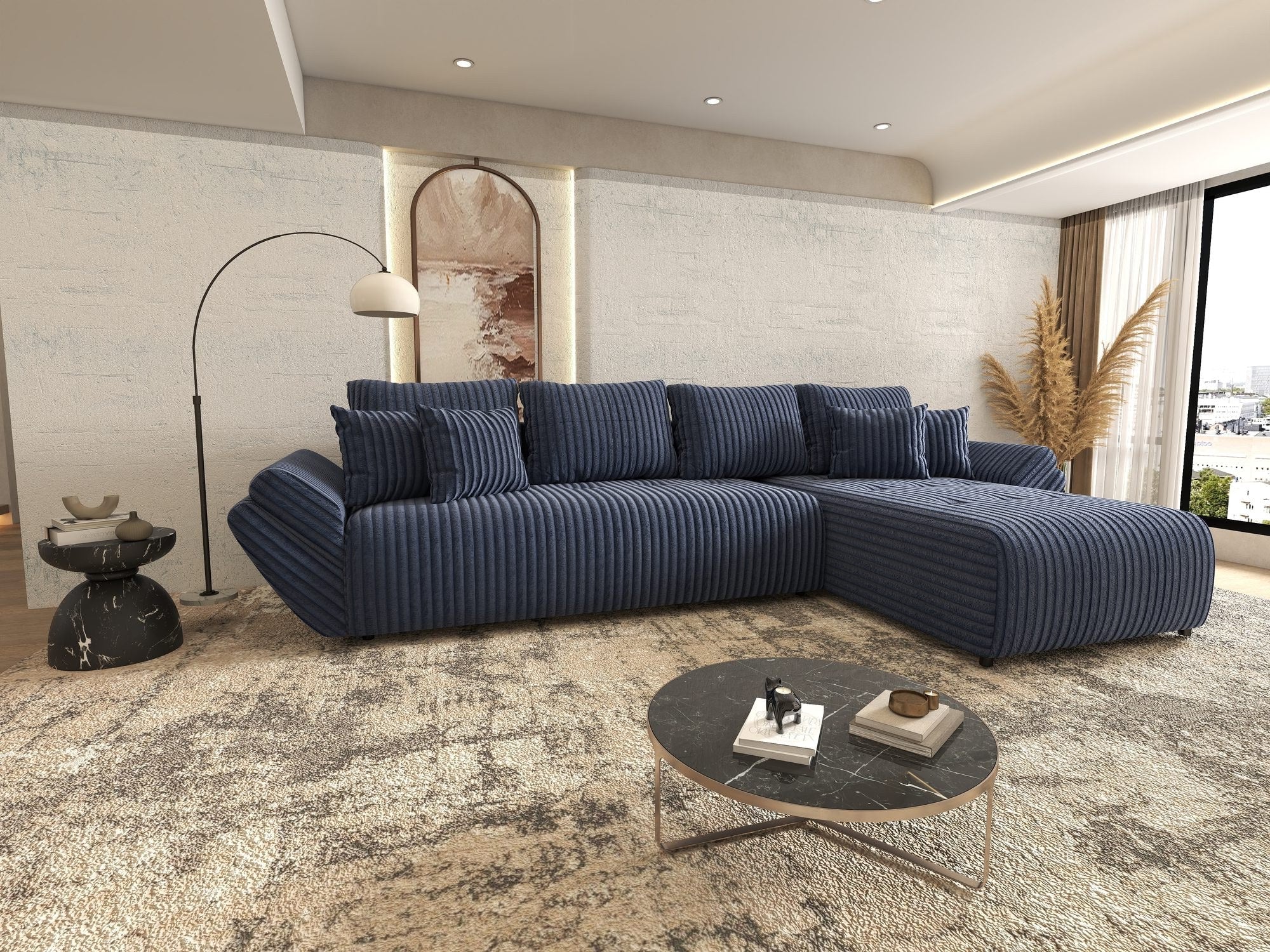 Colțar extensibil dumonde cu ladă de depozitare si sezut confortabil din spuma high-density, Berlin XL Tilia Albastru 77 II 350x185 cm
