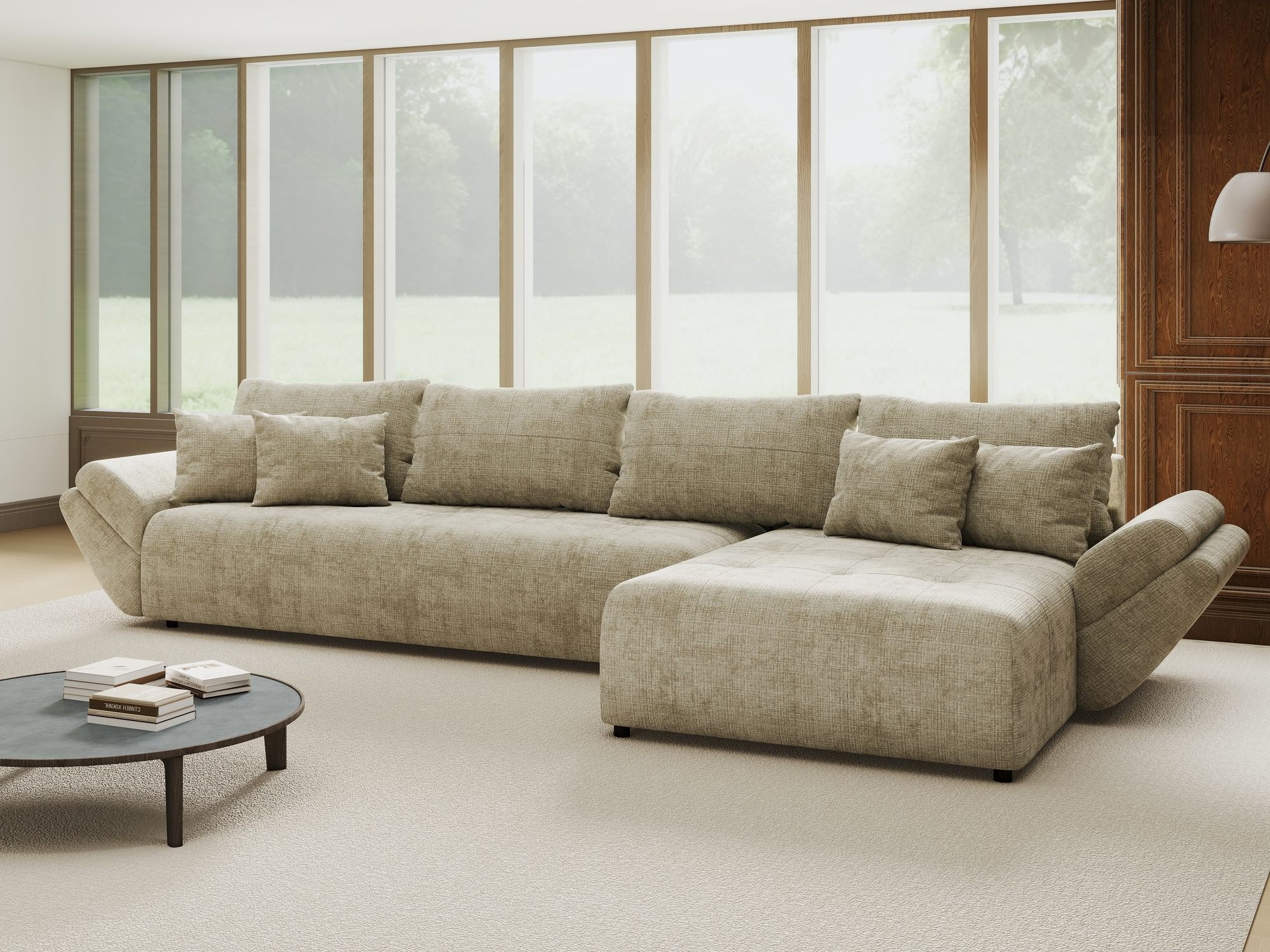 Colțar extensibil dumonde cu ladă de depozitare si sezut confortabil din spuma high-density, Berlin XL Cremona Bej 14 II 350x185 cm