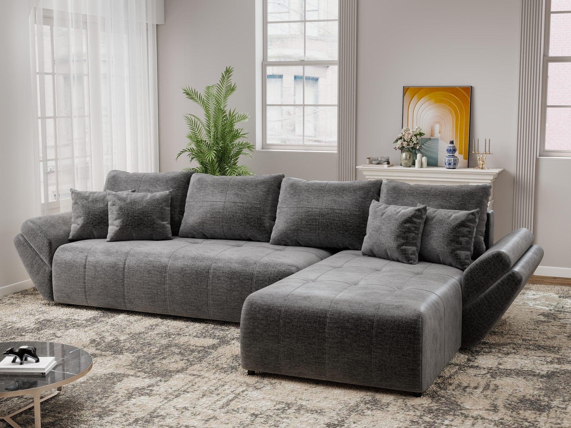 Colțar extensibil dumonde cu ladă de depozitare si sezut confortabil din spuma high-density, Berlin XL Monolith Gri Antracit 97 II 350x185 cm