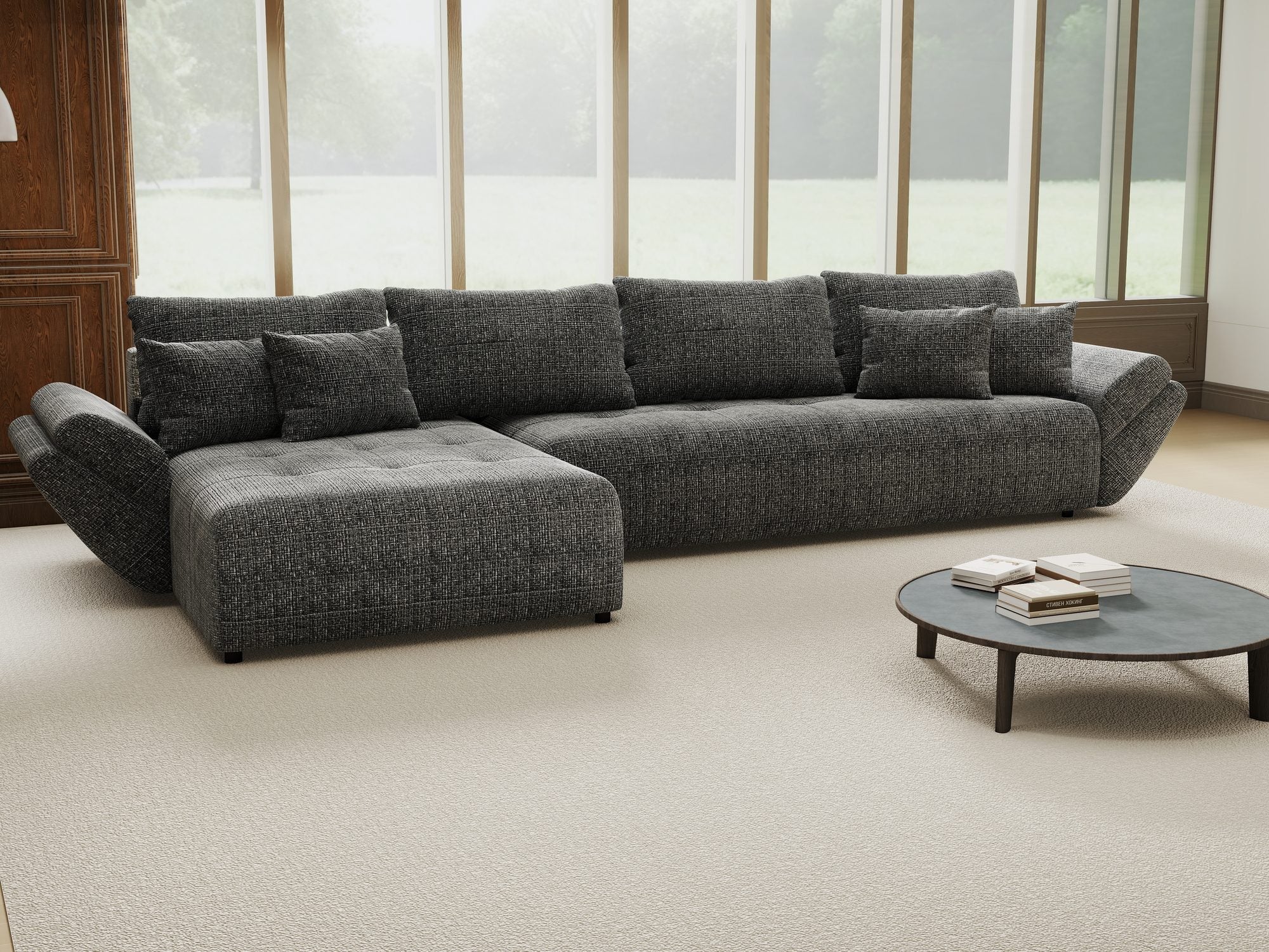Colțar extensibil dumonde cu ladă de depozitare si sezut confortabil din spuma high-density, Berlin XL Cremona Gri 95 350x185 cm