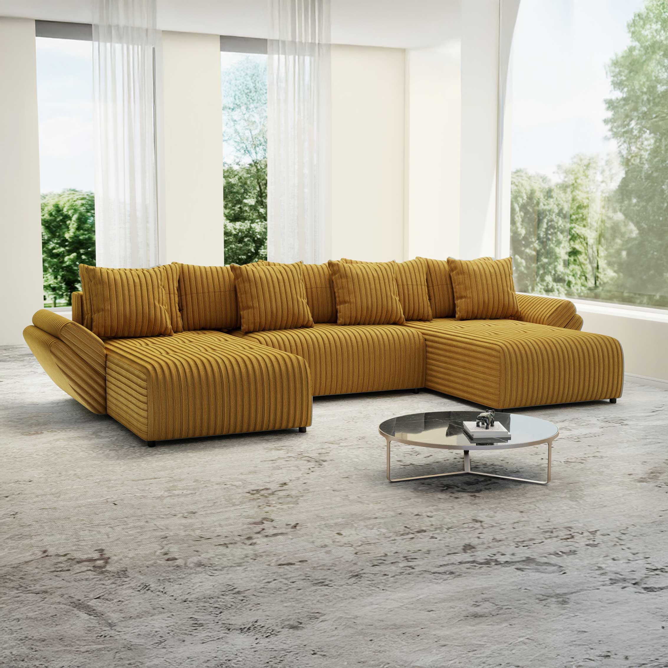 Kinyitható kanapé lábtartóval és tárolóval, kényelmes, nagy sűrűségű habszivacs üléssel, Berlin U Ambiance Mustar 380x180 cm