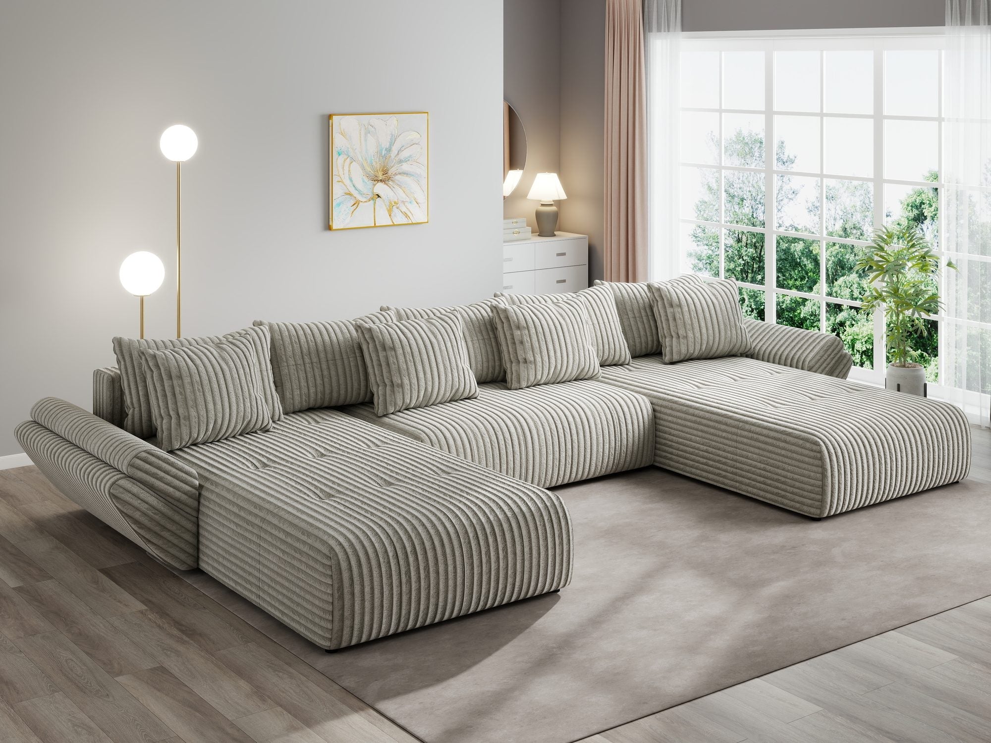 Colțar extensibil dumonde cu ladă de depozitare si sezut confortabil din spuma high-density, Berlin U Tilia Gri- Bej 11 380x180 cm