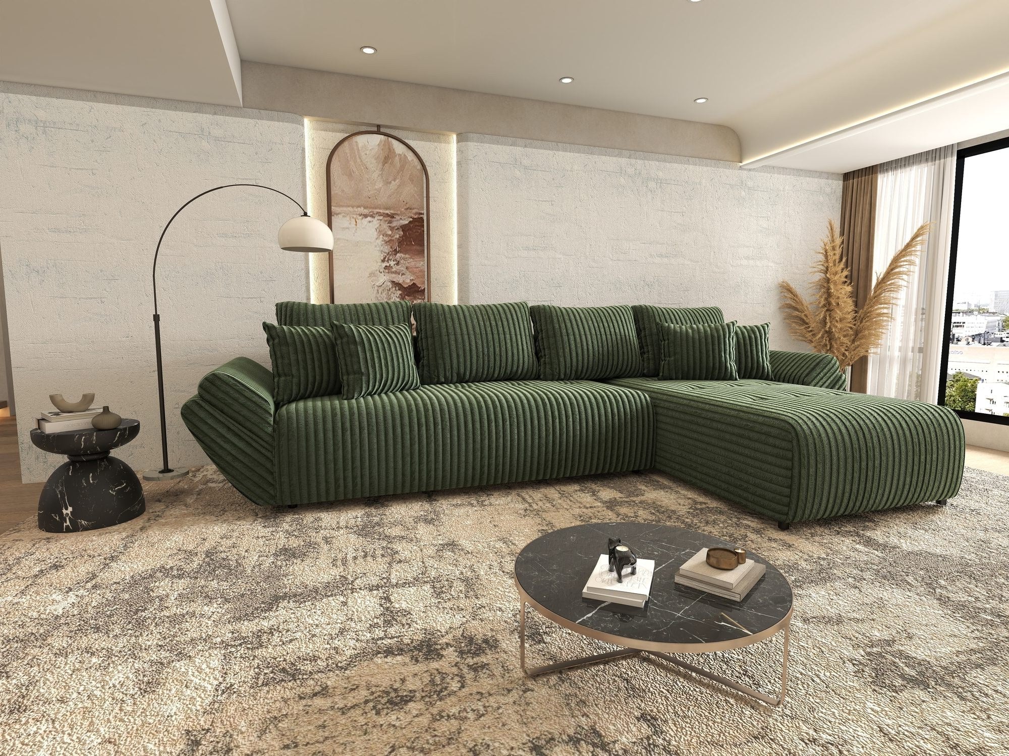Colțar extensibil dumonde cu ladă de depozitare si sezut confortabil din spuma high-density, Berlin XL Tilia Verde 39 II 350x185 cm