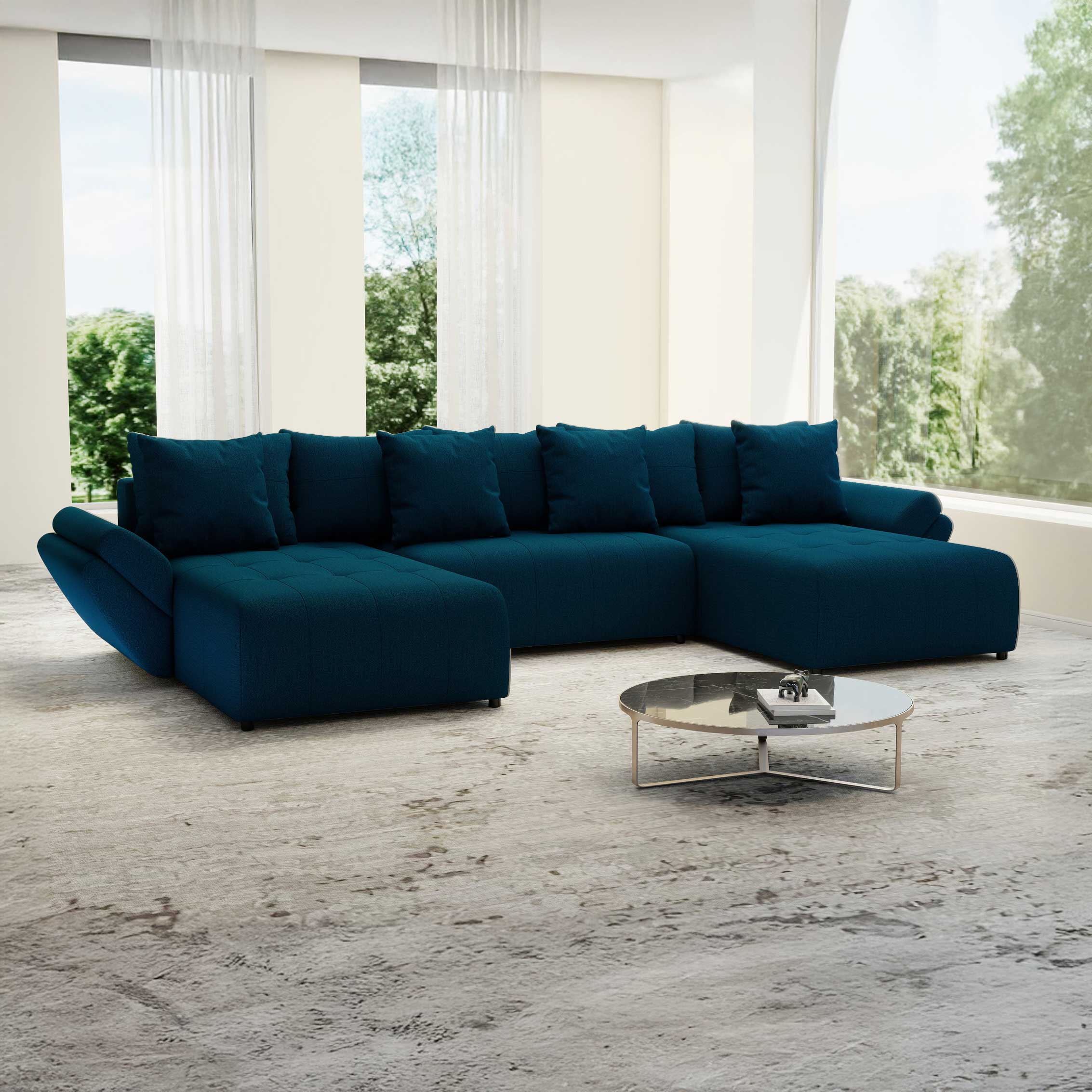 Colțar extensibil dumonde cu ladă de depozitare si sezut confortabil din spuma high-density, Berlin U Enjoy Petrol 400x185 cm