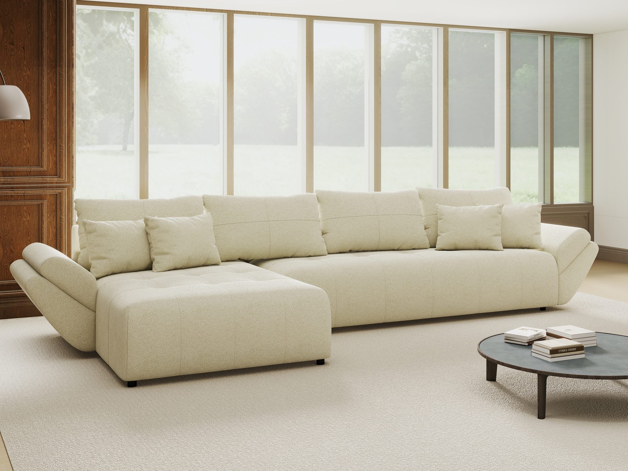 Colțar extensibil dumonde cu ladă de depozitare si sezut confortabil din spuma high-density, Berlin XL Quelle Bej 02 350x185 cm