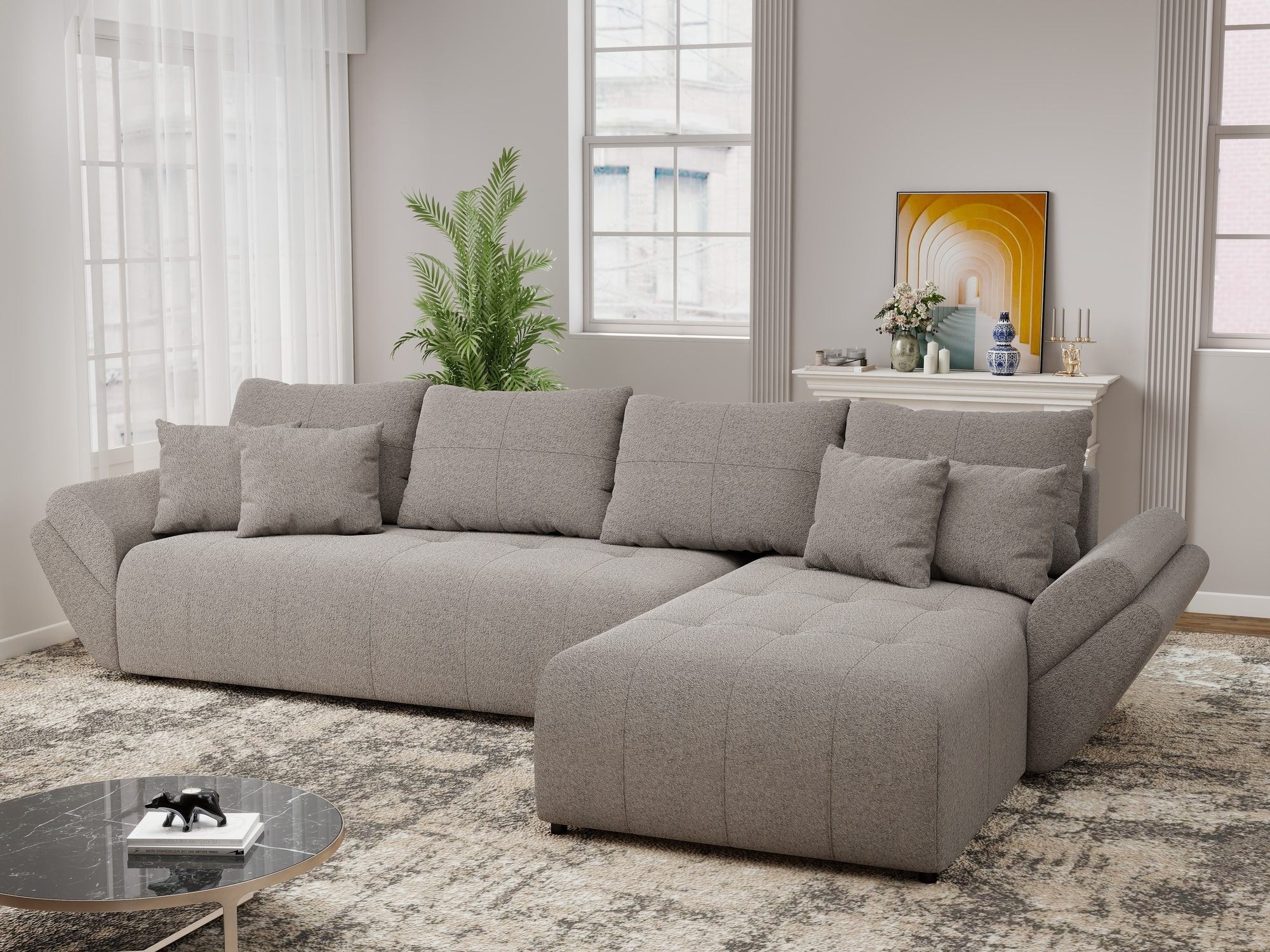 Colțar extensibil dumonde cu ladă de depozitare si sezut confortabil din spuma high-density, Berlin XL Monte Gri 16 II 350x185 cm