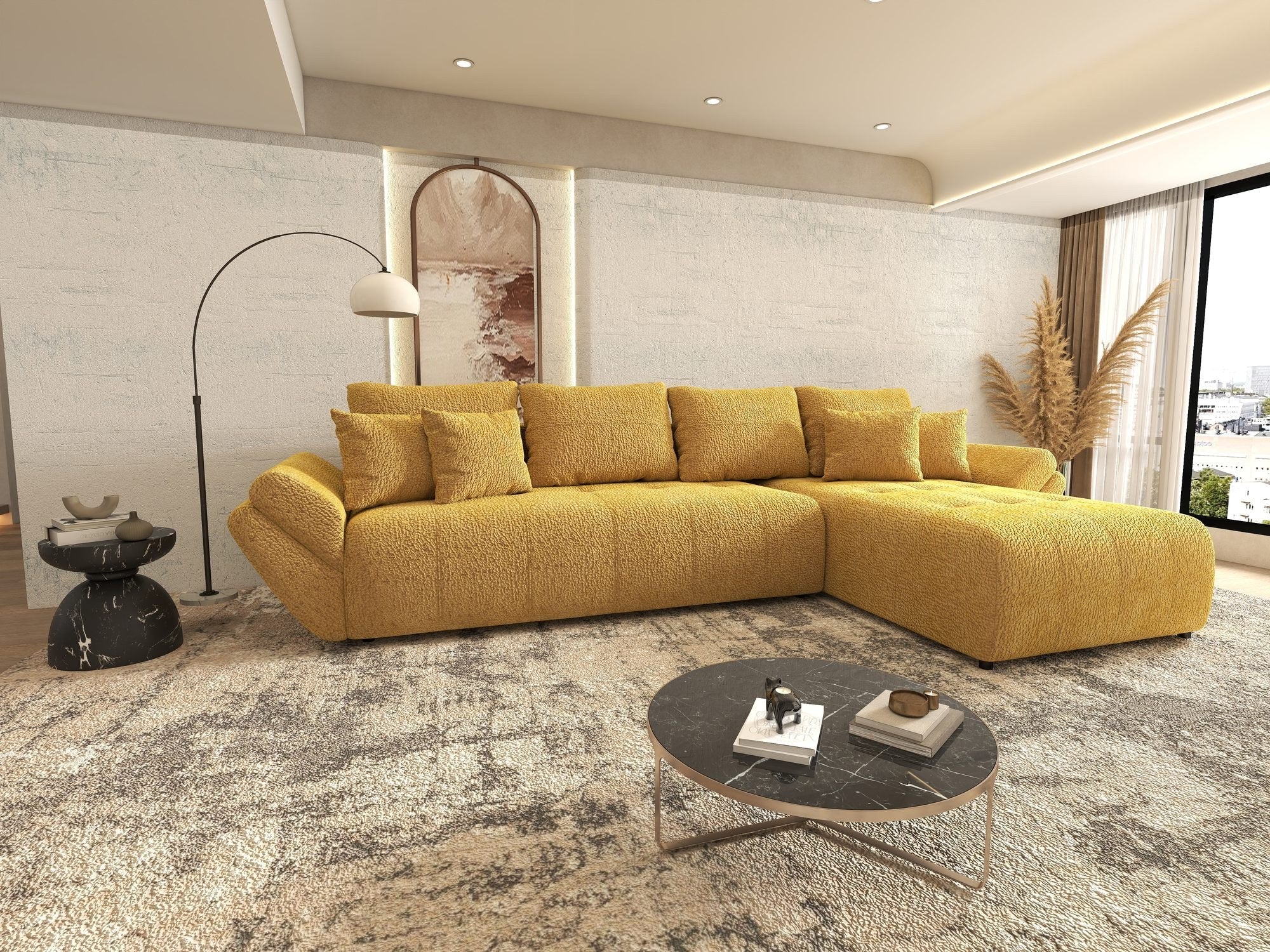Colțar extensibil dumonde cu ladă de depozitare si sezut confortabil din spuma high-density, Berlin XL Jaguar Galben Mustar 11 II 350x185 cm