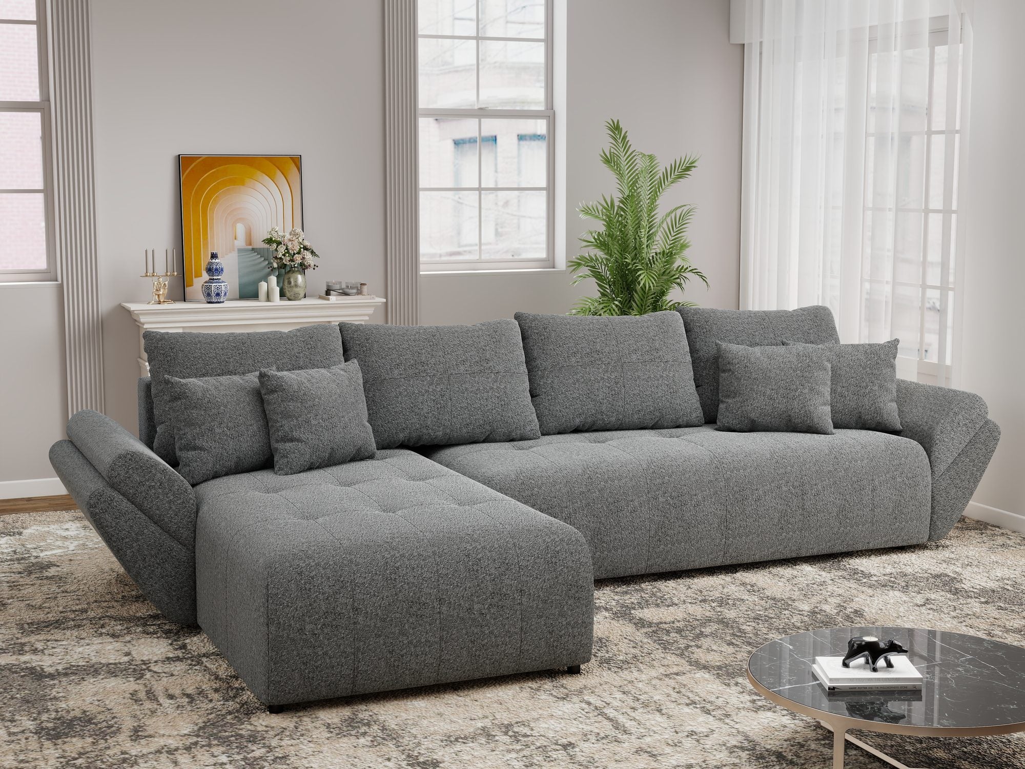 Colțar extensibil dumonde cu ladă de depozitare si sezut confortabil din spuma high-density, Berlin XL Monte Gri 90 350x185 cm