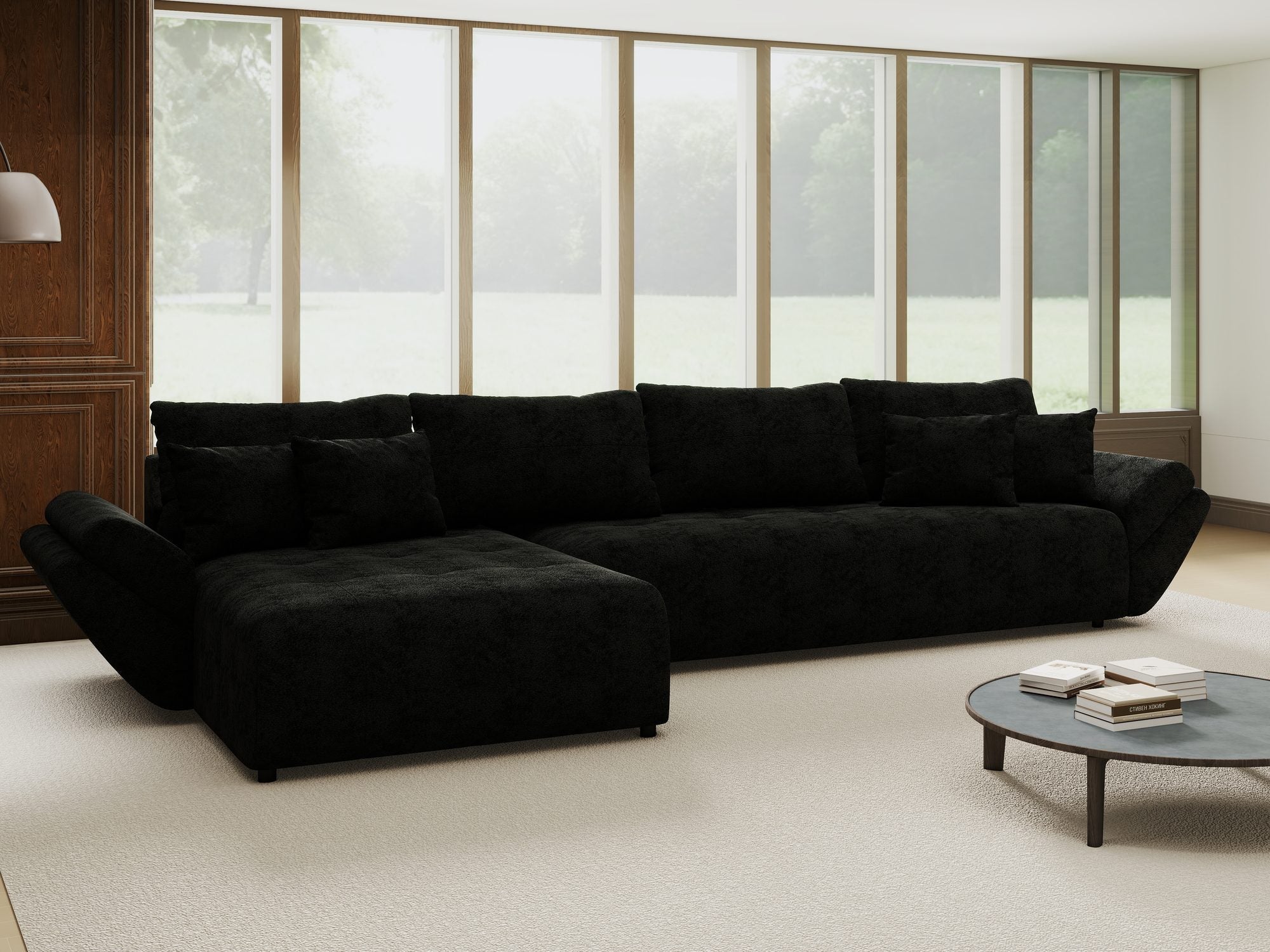 Colțar extensibil dumonde cu ladă de depozitare si sezut confortabil din spuma high-density, Berlin XL Quelle Negru 100 350x185 cm
