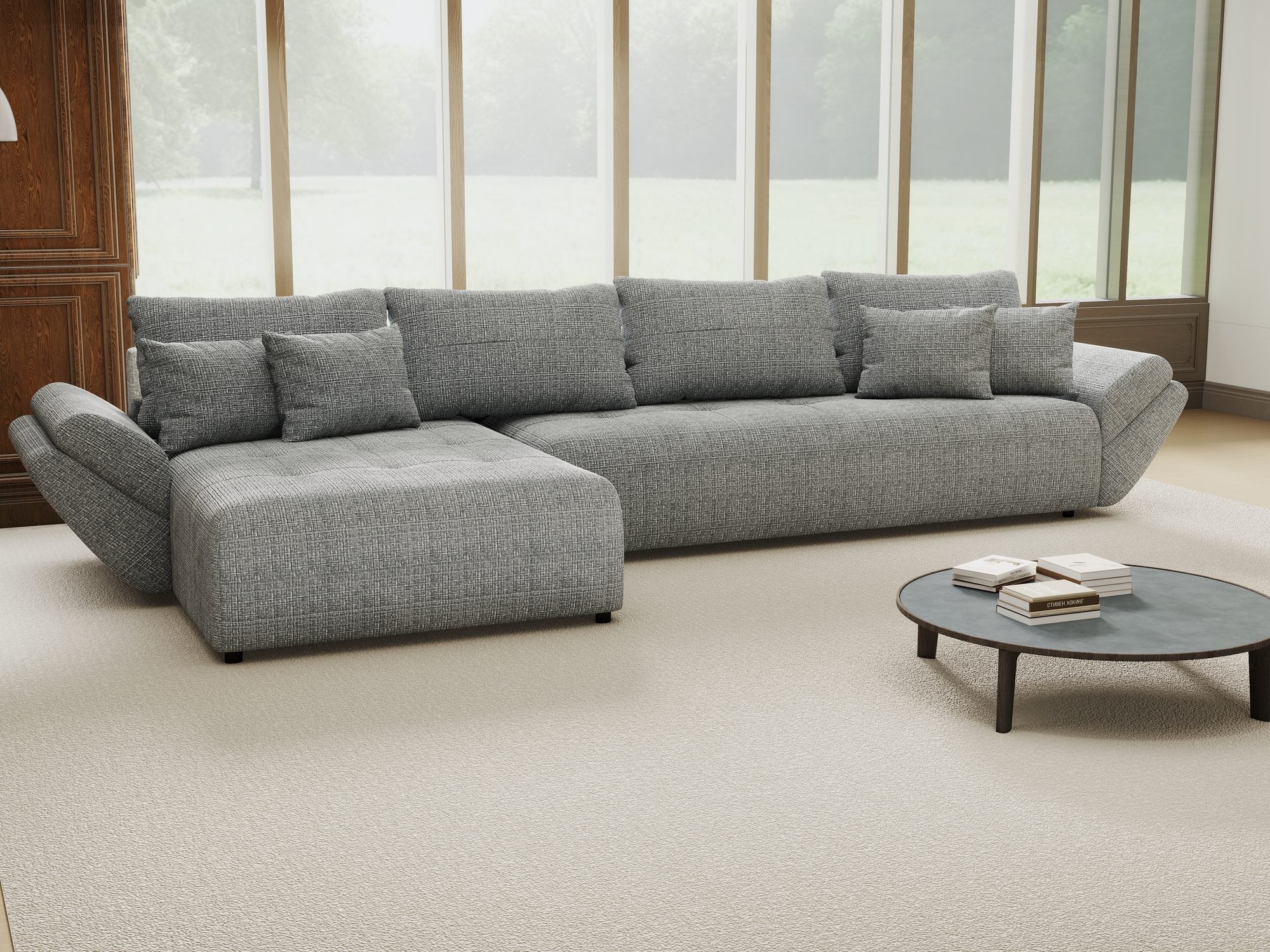 Colțar extensibil dumonde cu ladă de depozitare si sezut confortabil din spuma high-density, Berlin XL Cremona Gri 85 350x185 cm