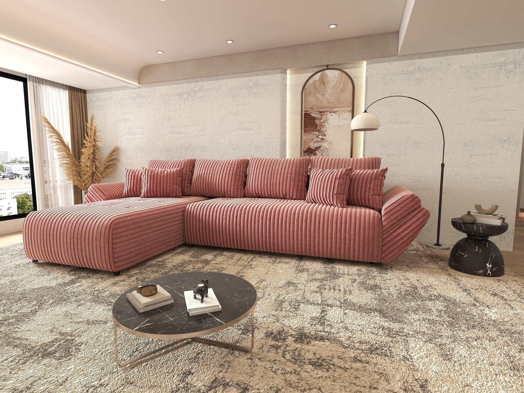 Colțar extensibil dumonde cu ladă de depozitare si sezut confortabil din spuma high-density, Berlin XL Tilia Roz Pudrat 62 350x185 cm