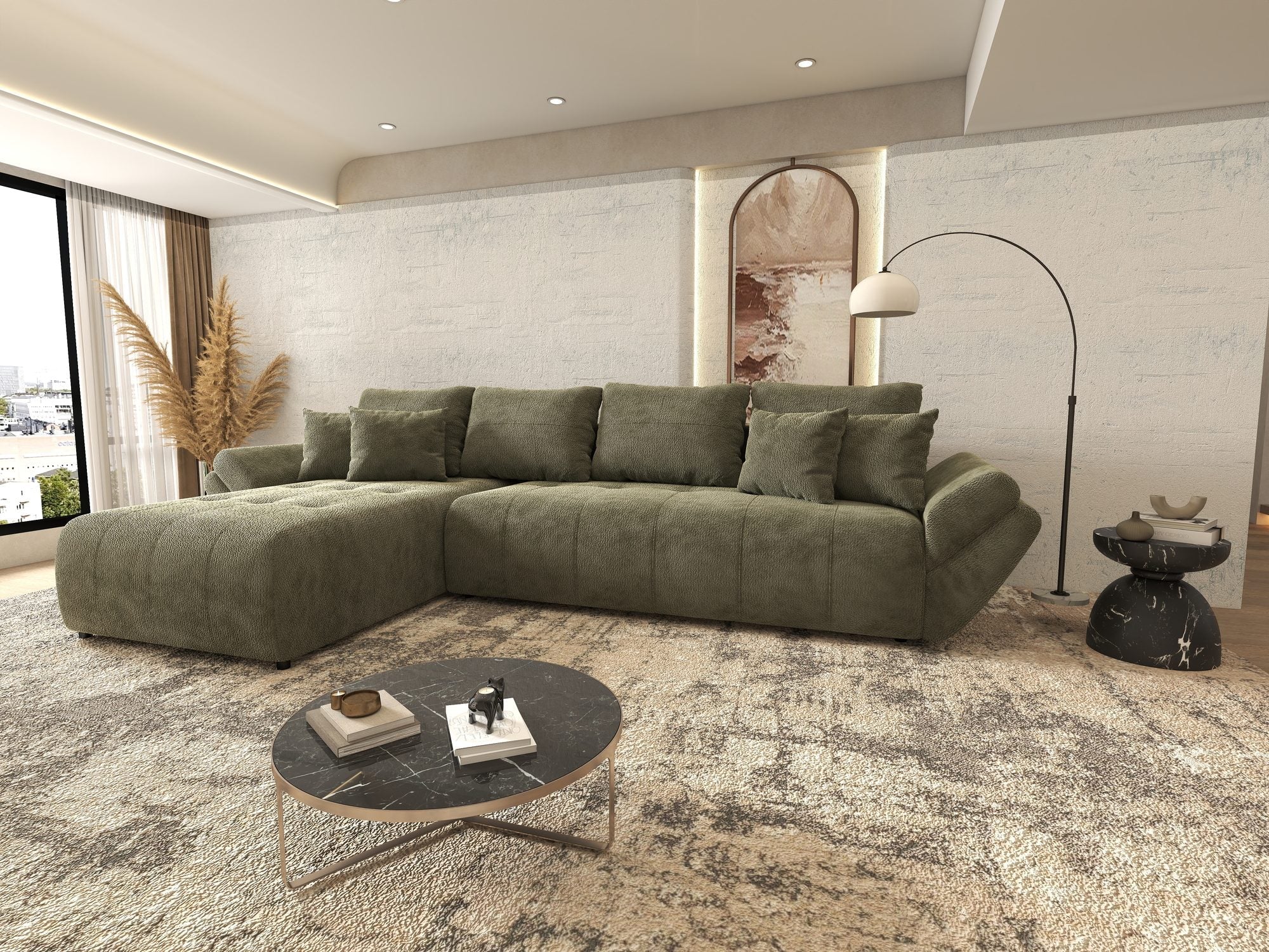 Colțar extensibil dumonde cu ladă de depozitare si sezut confortabil din spuma high-density, Berlin XL Vibe Olive 38 350x185 cm