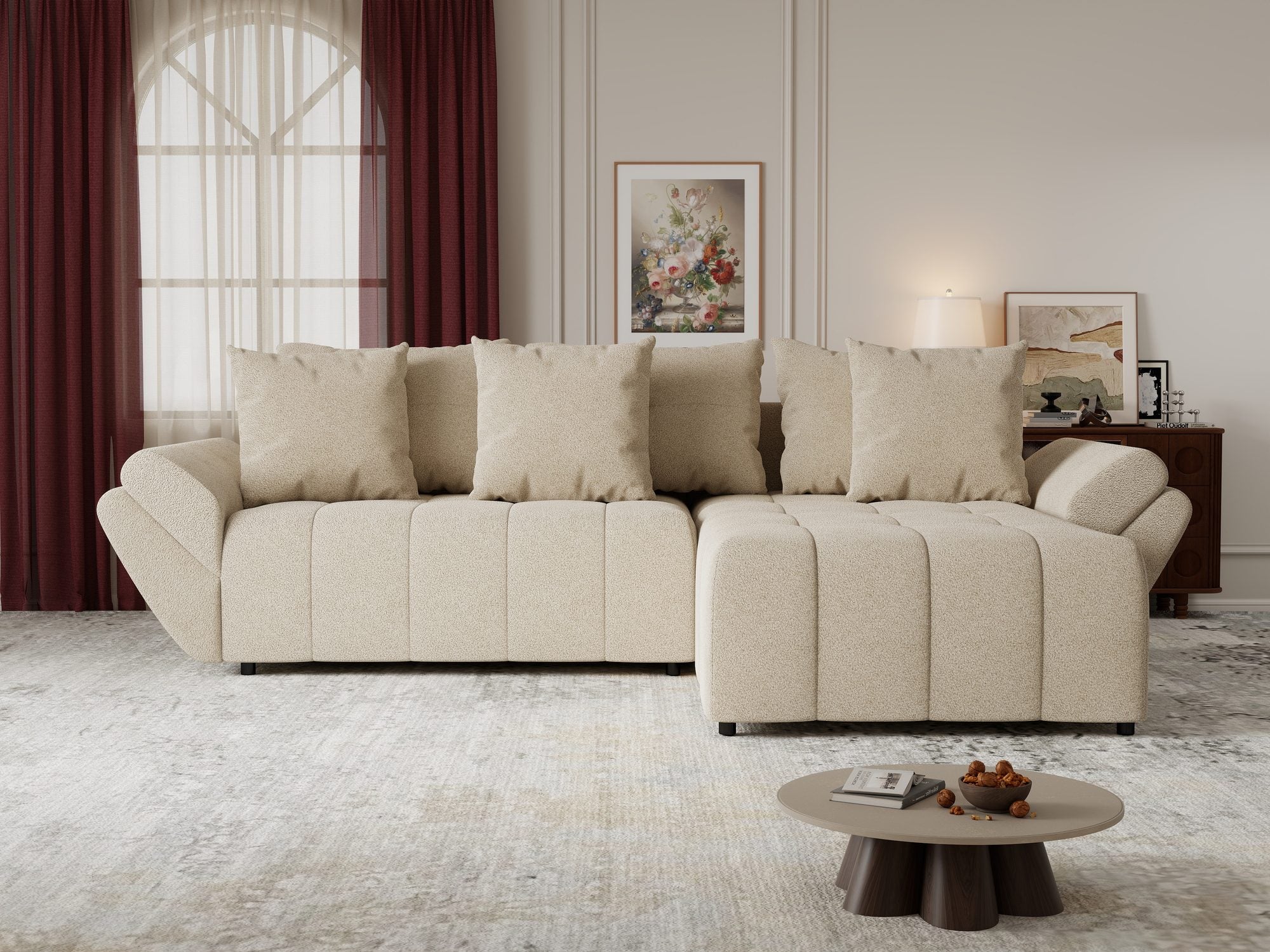 Colțar extensibil dumonde cu ladă de depozitare si sezut confortabil din spuma high-density, Berlin Quelle Bej 05 II 280x185 cm