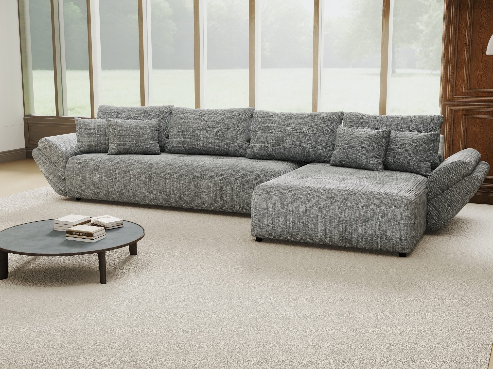 Colțar extensibil dumonde cu ladă de depozitare si sezut confortabil din spuma high-density, Berlin XL Cremona Gri 85 II 350x185 cm