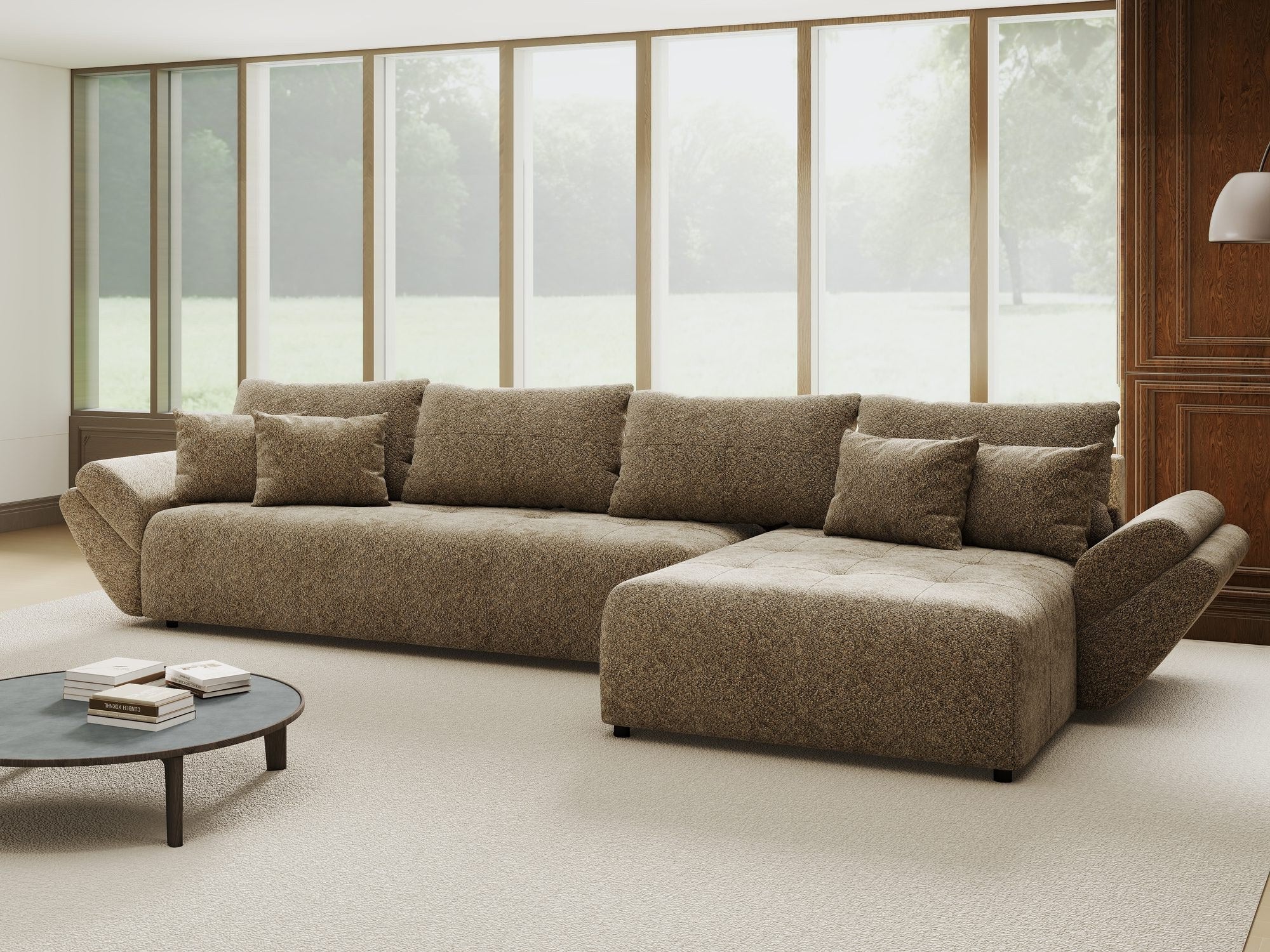 Colțar extensibil dumonde cu ladă de depozitare si sezut confortabil din spuma high-density, Berlin XL Arena Bej 4 II 350x185 cm