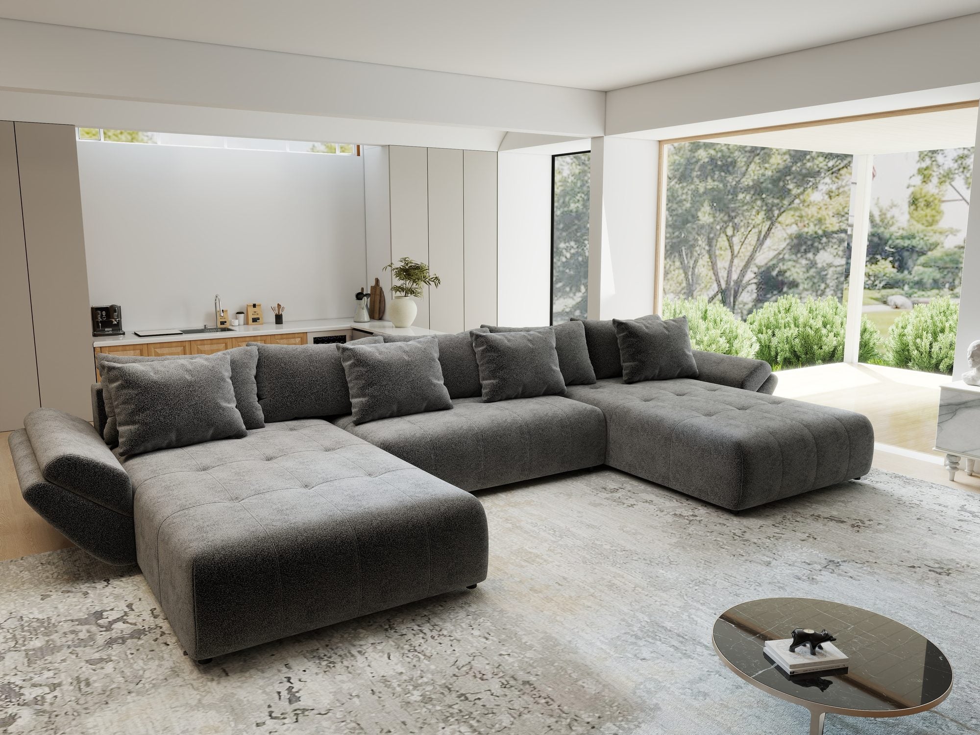 Colțar extensibil dumonde cu ladă de depozitare si sezut confortabil din spuma high-density, Berlin U Quelle Gri 92 380x180 cm