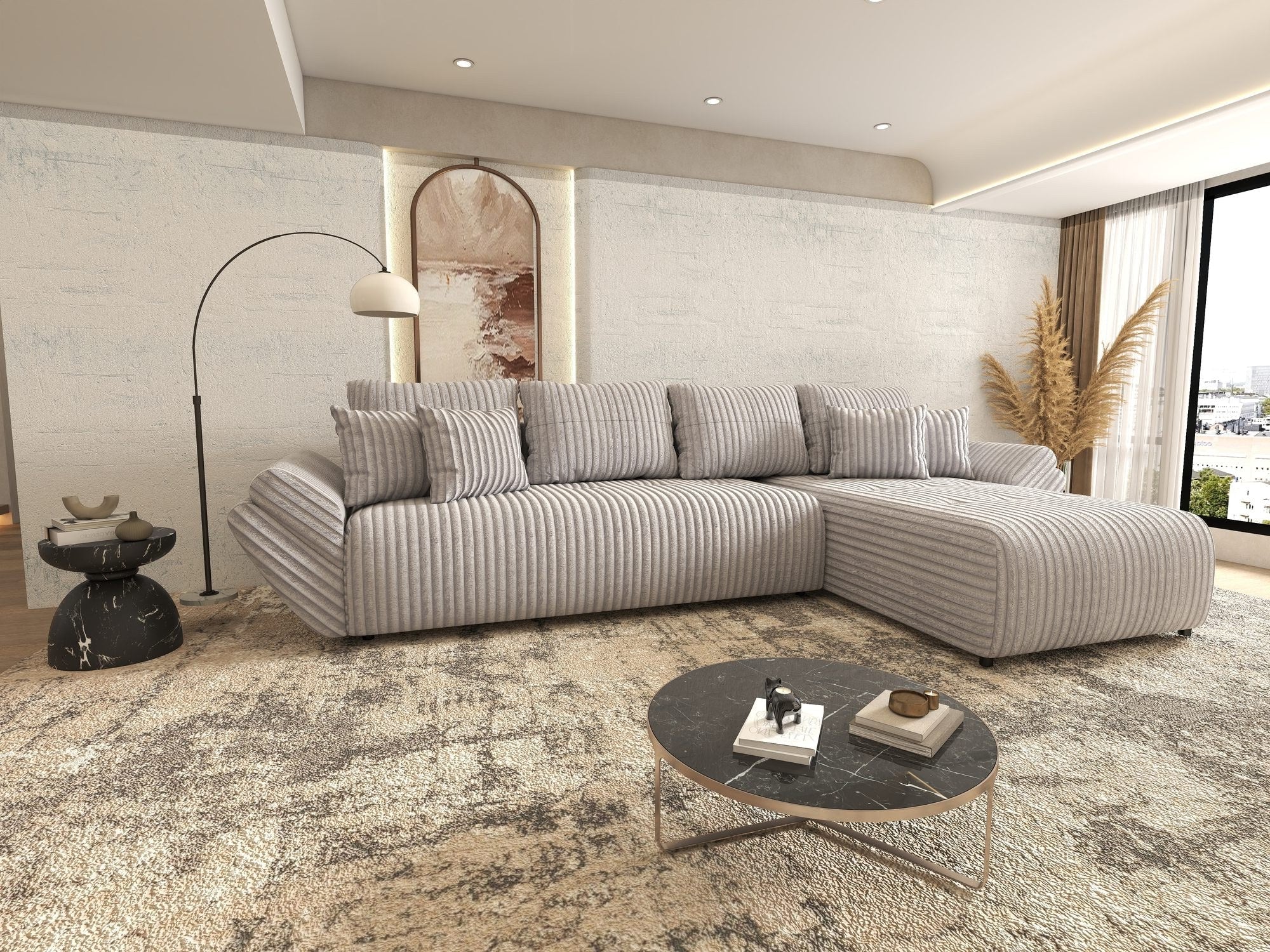 Colțar extensibil dumonde cu ladă de depozitare si sezut confortabil din spuma high-density, Berlin XL Tilia Gri 86 II 350x185 cm