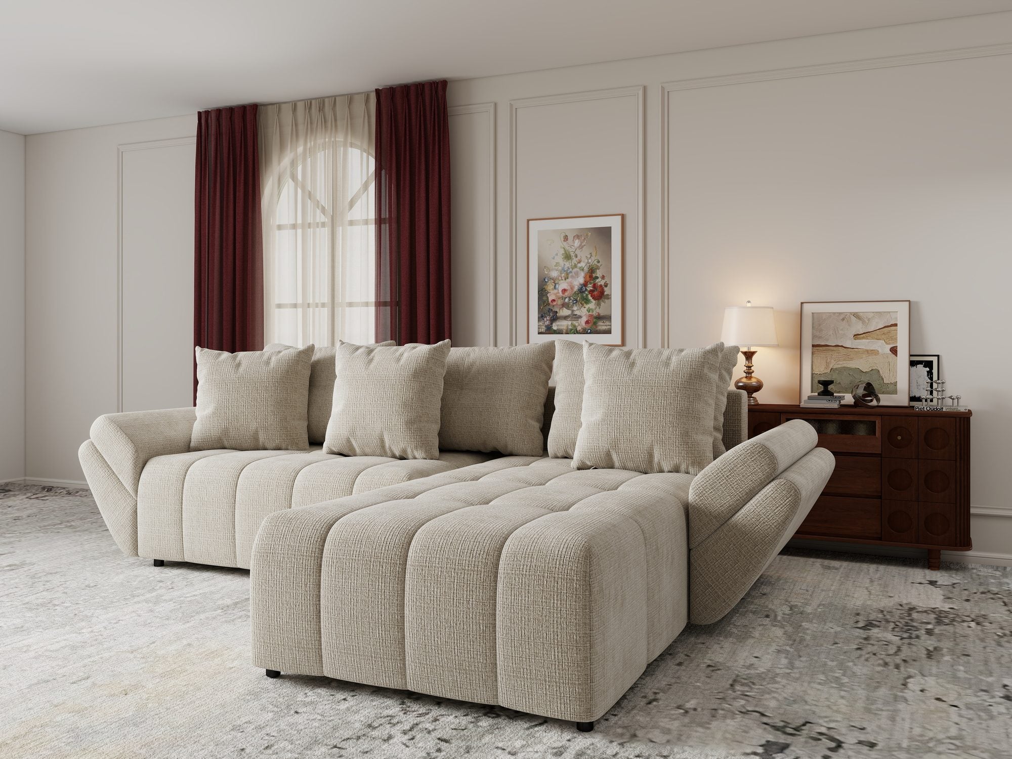 Colțar extensibil dumonde cu ladă de depozitare si sezut confortabil din spuma high-density, Berlin Cremona Gri Deschis 02 II 280x185 cm