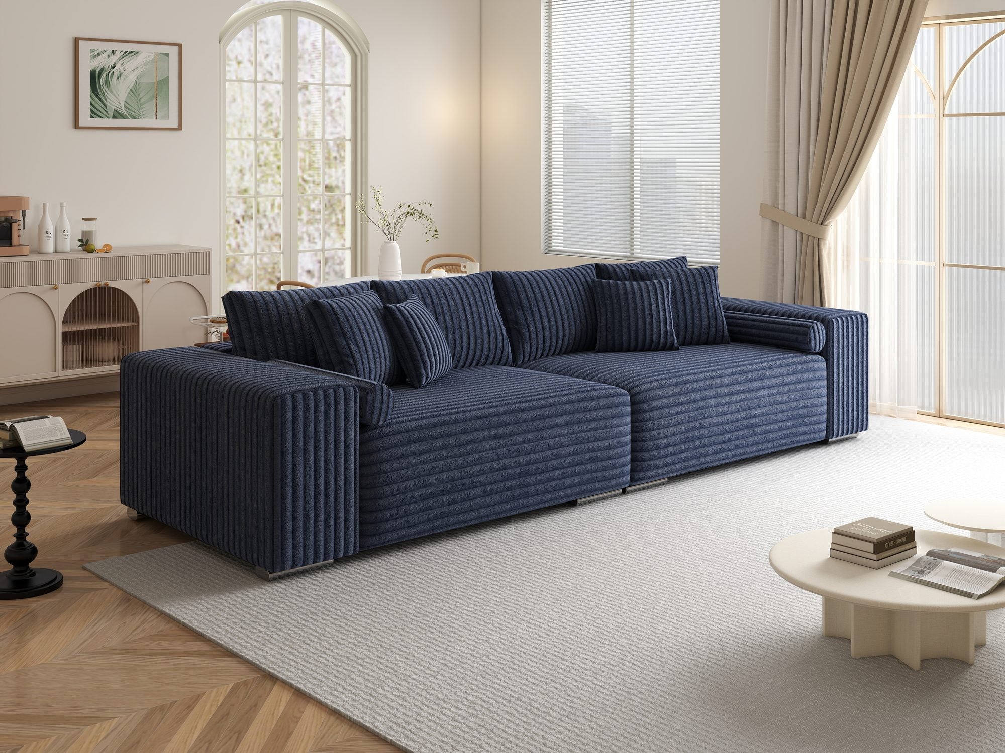 Canapea extensibilă dumonde cu ladă de depozitare si sezut confortabil din spuma high-density, Marbela XXL Tilia Albastru 77 290x100 cm