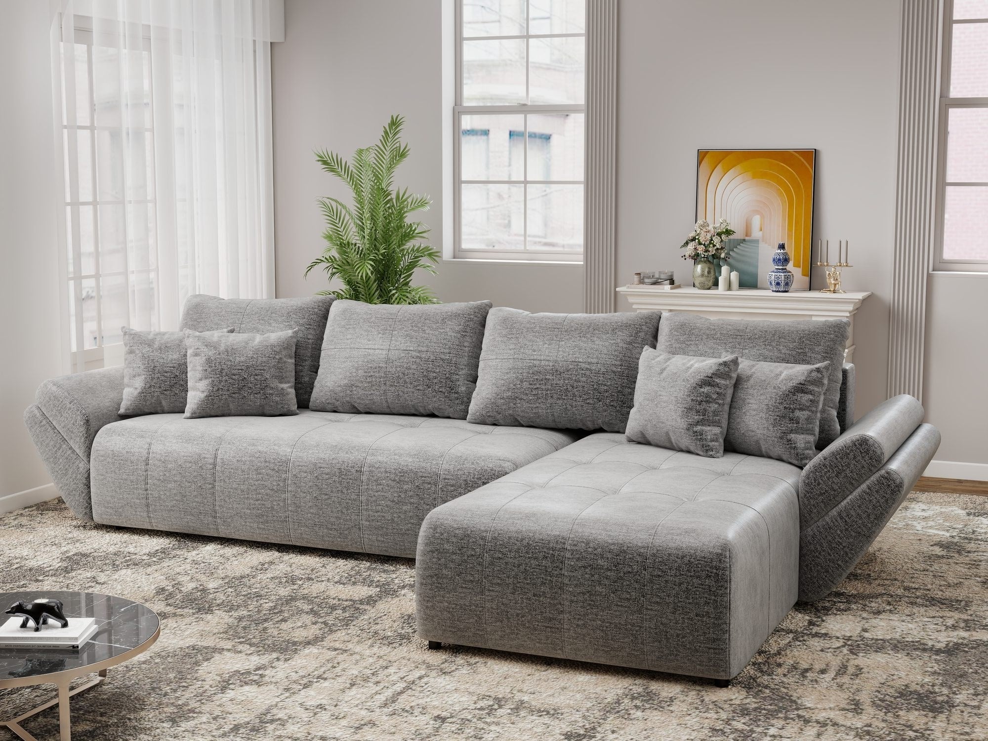 Colțar extensibil dumonde cu ladă de depozitare si sezut confortabil din spuma high-density, Berlin XL Monolith Gri 85 II 350x185 cm