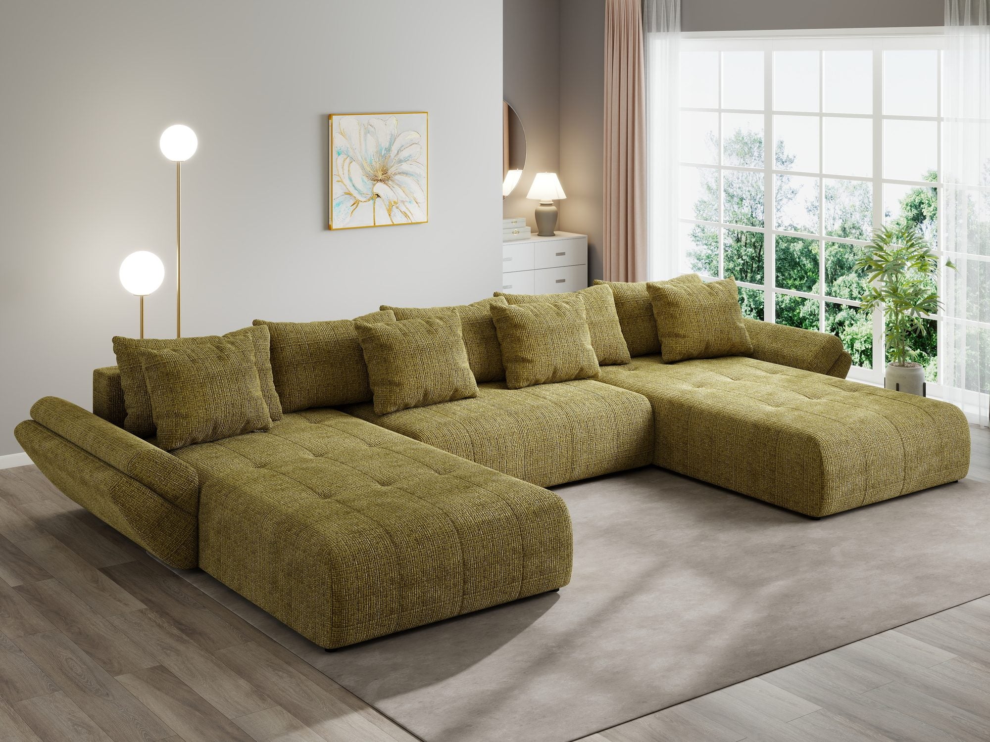 Colțar extensibil dumonde cu ladă de depozitare si sezut confortabil din spuma high-density, Berlin U Cremona Olive 38 380x180 cm