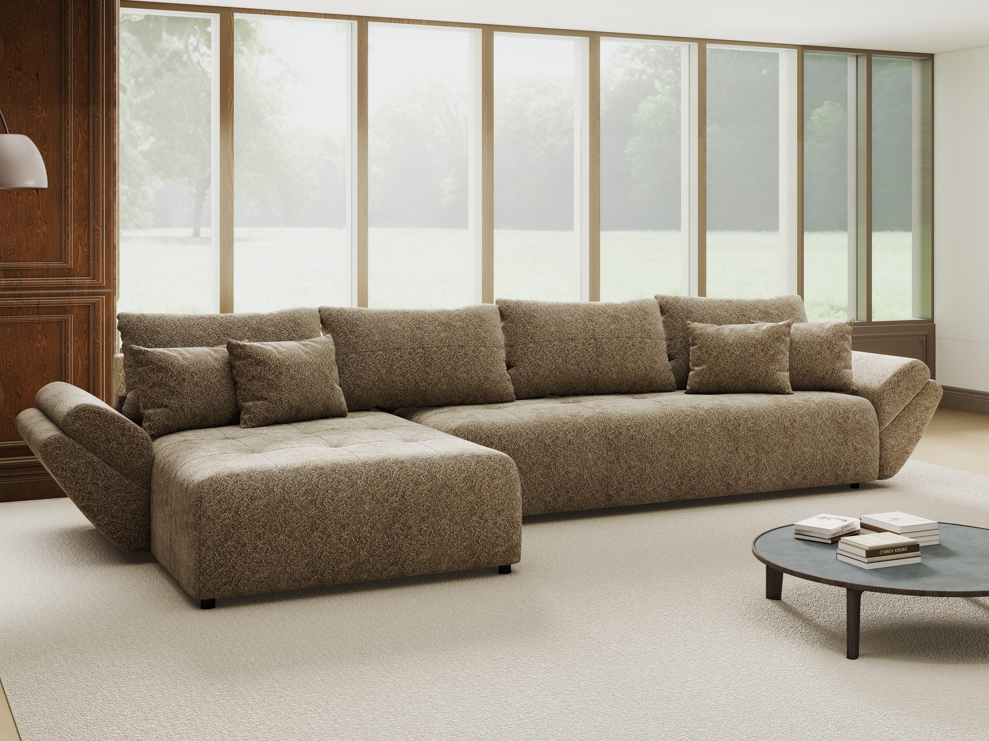 Colțar extensibil dumonde cu ladă de depozitare si sezut confortabil din spuma high-density, Berlin XL Arena Bej 4 350x185 cm