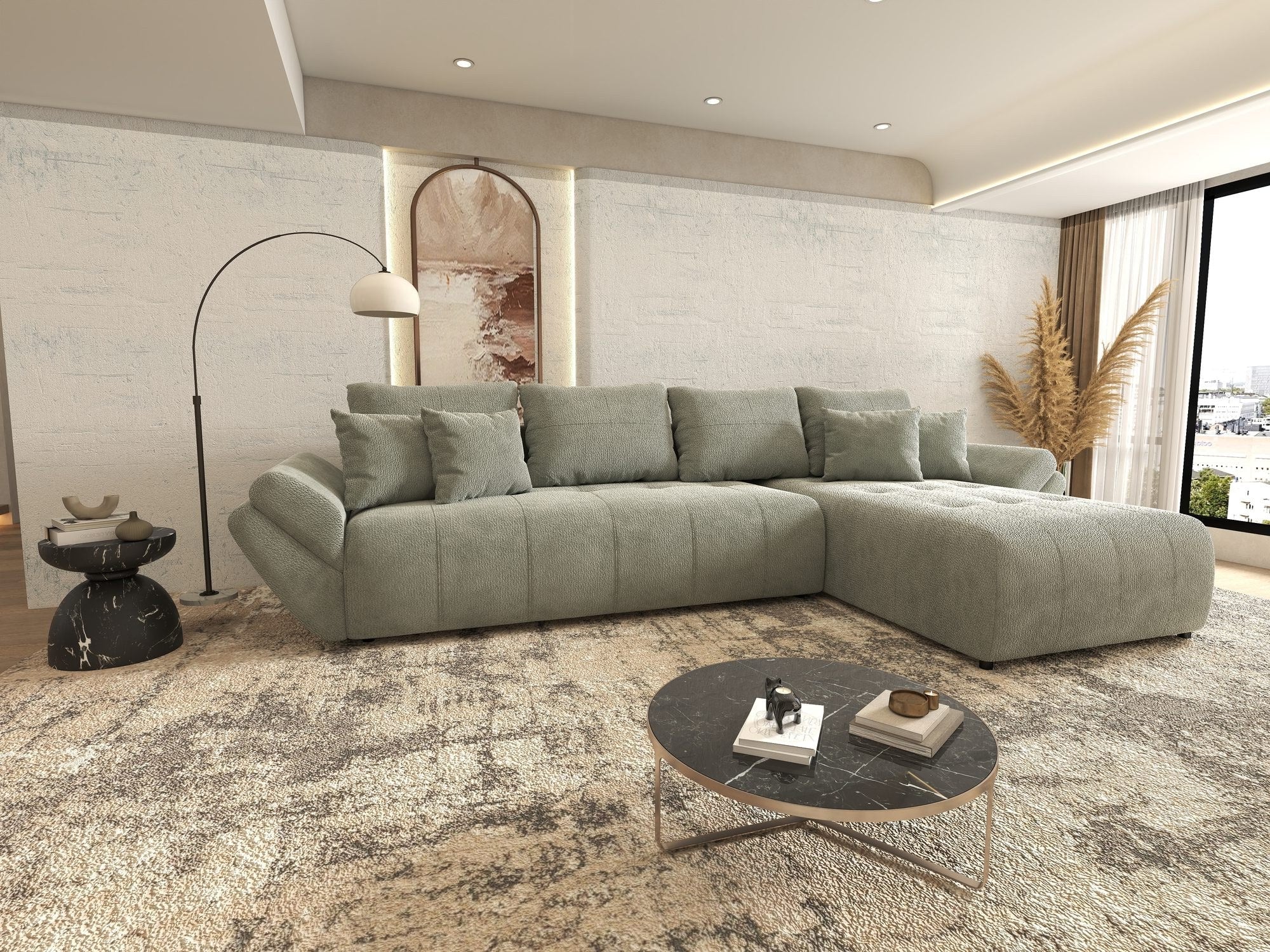 Colțar extensibil dumonde cu ladă de depozitare si sezut confortabil din spuma high-density, Berlin XL Vibe Mint 85 II 350x185 cm